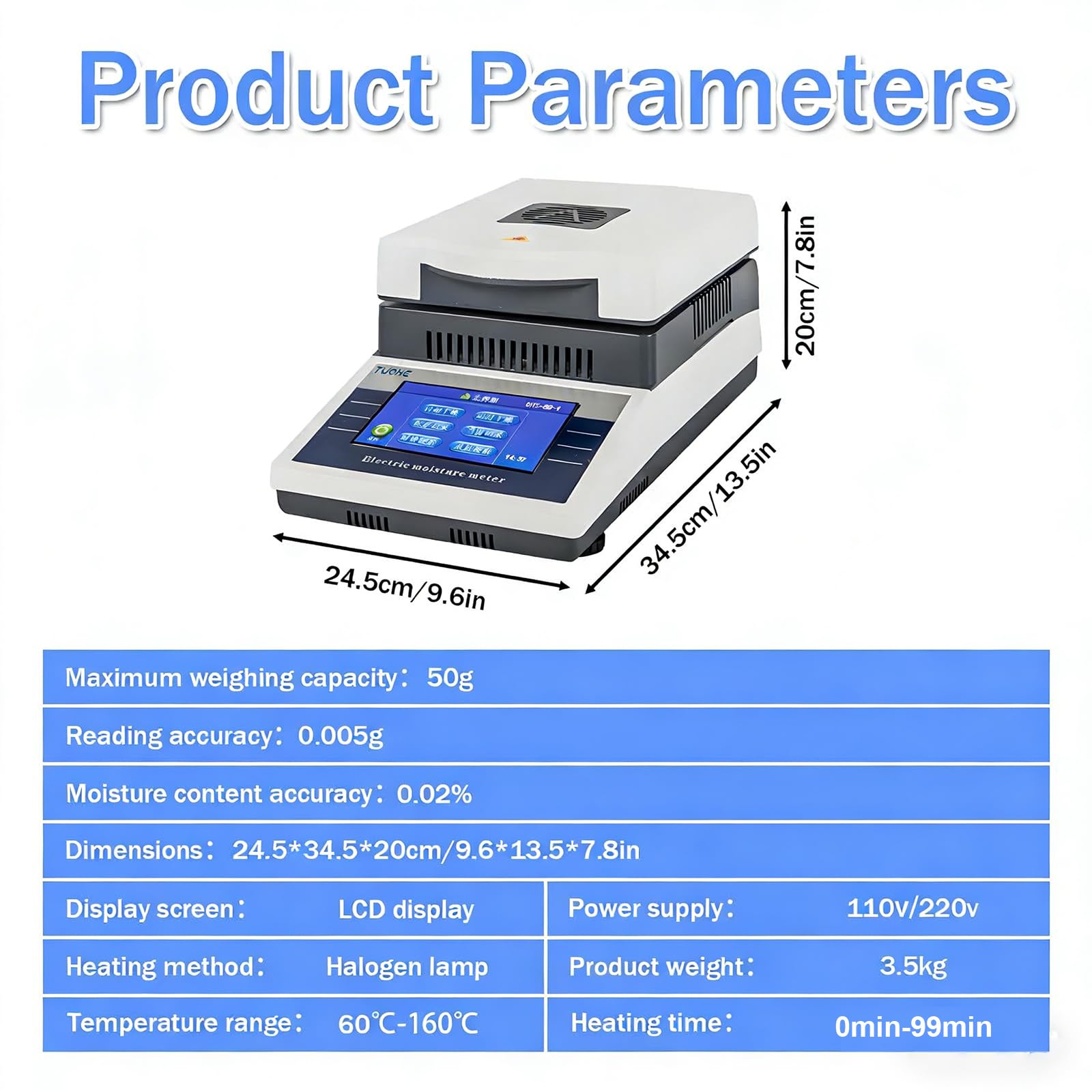 Analizador de humedad halógeno de precisión, pantalla táctil LCD de 5 pulgadas, medidor de humedad automático para laboratorio e industrial, 50 g-5 mg