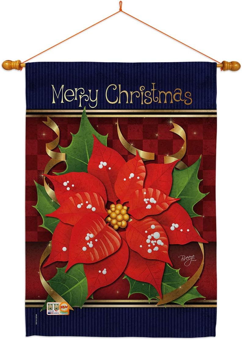 Poinsettia Love House Flag Dowel Set Wintertime Christmas Santa Marry Xmas Present Reindeer Season Snow Small Decorative Gift Yard Banner Made In USA 28 X 40