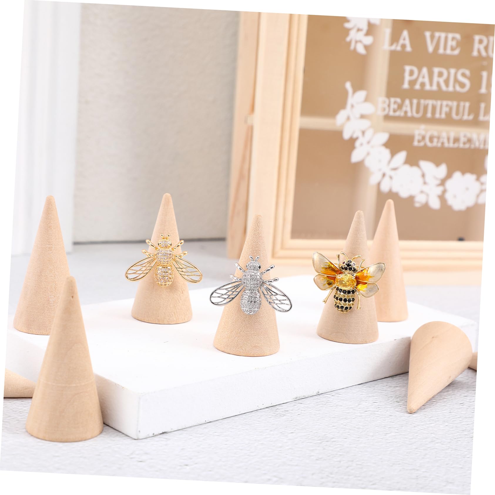 Ornement en Bois Cône pour Bague, Lot de 10, Beige