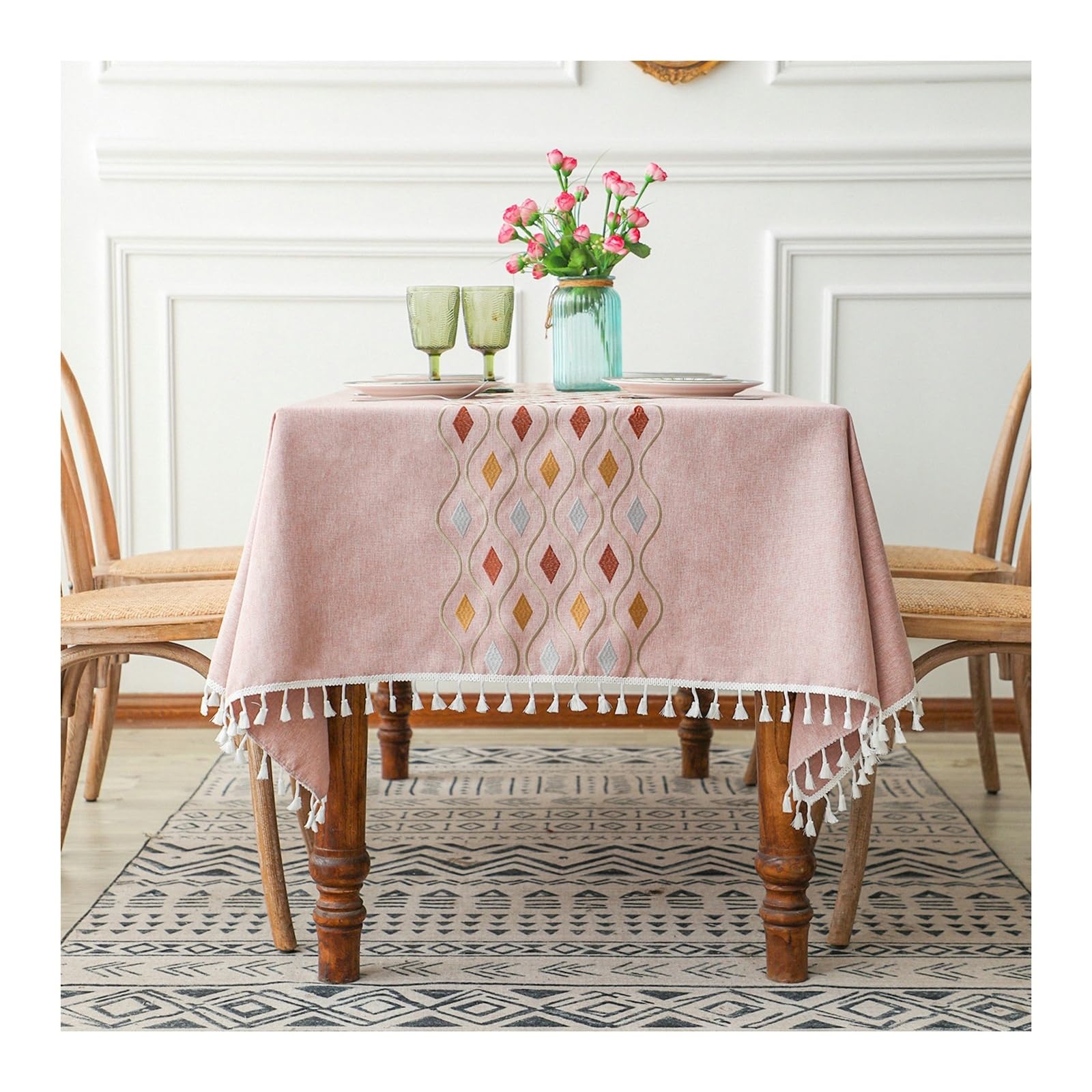 Nappe rose brodée losange 140x180 cm avec protection de table anti tache
