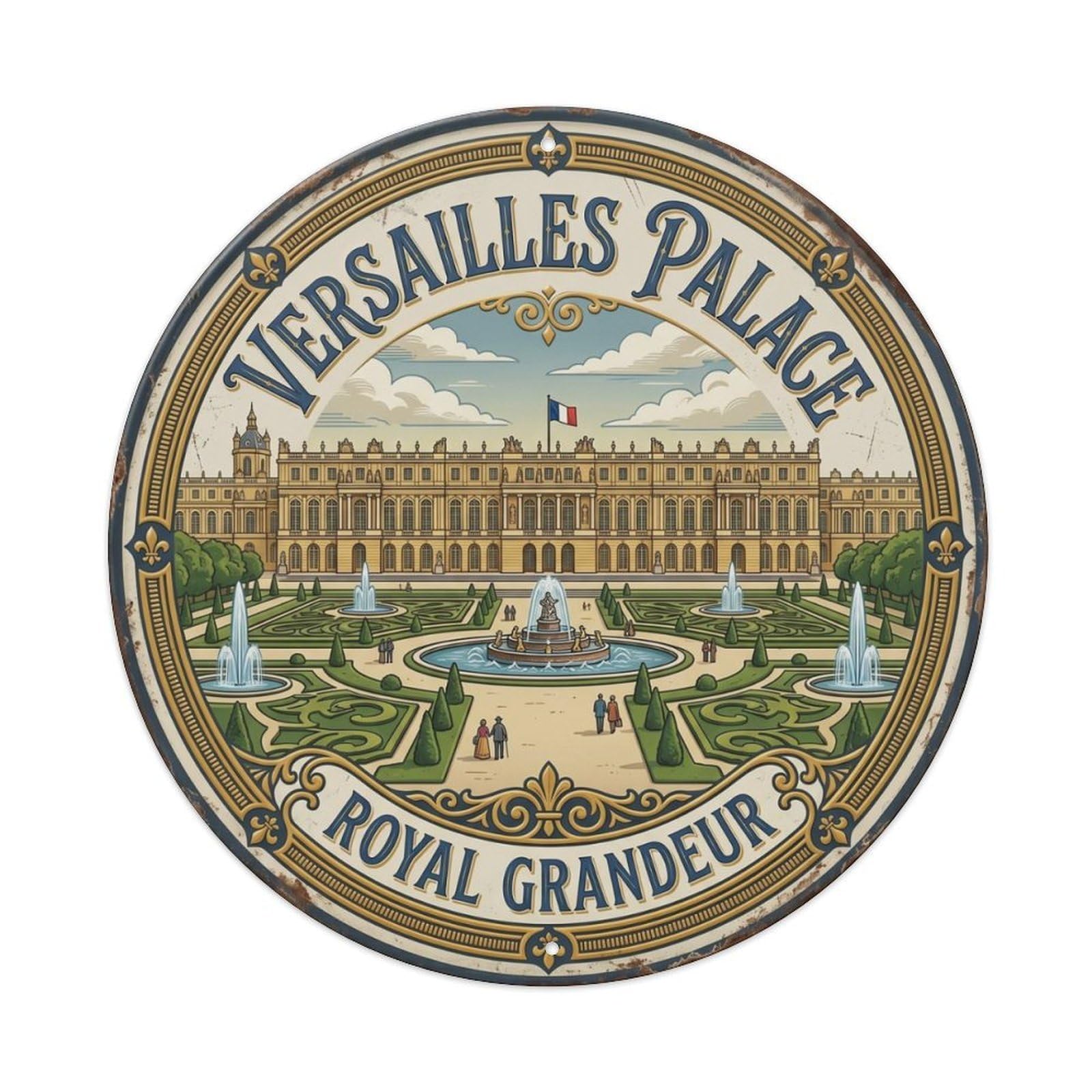 Palace Versailles Grandeur France Landmark Metal Tin Sign Plaque Wall Decor for Cafe, Club Bar, Office, Home Garden Round Metal Poster 8x8Inch