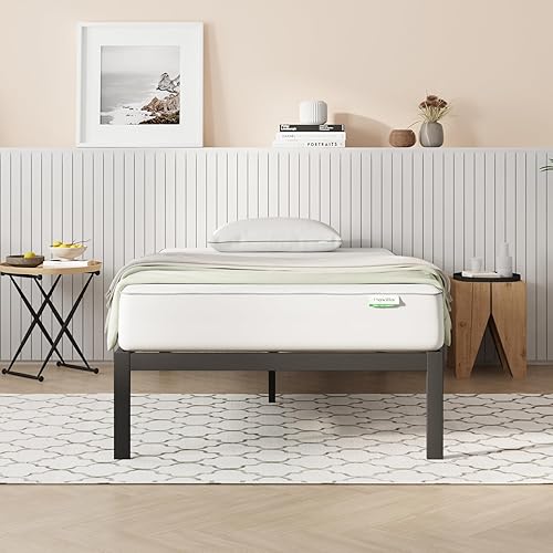 Novilla Marco de cama individual sin cabecero, marco de cama de plataforma de metal, resistente, no necesita somier, soporte de listones de madera,