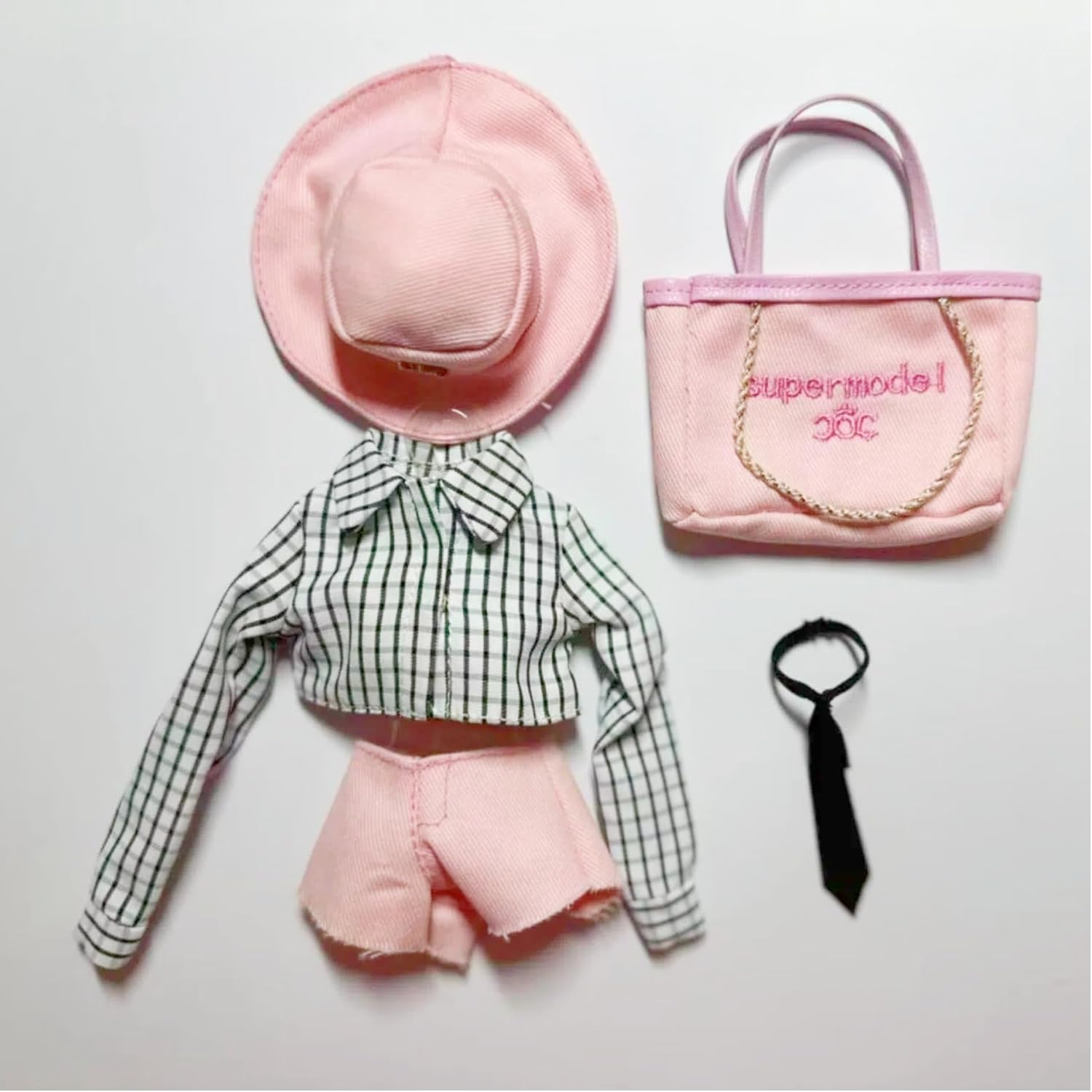 Fashion Doll Summer Outfit Set, Pink Tote Bag, Striped Jacket, Sun Hat, 11.5-12 inch Doll Clothes