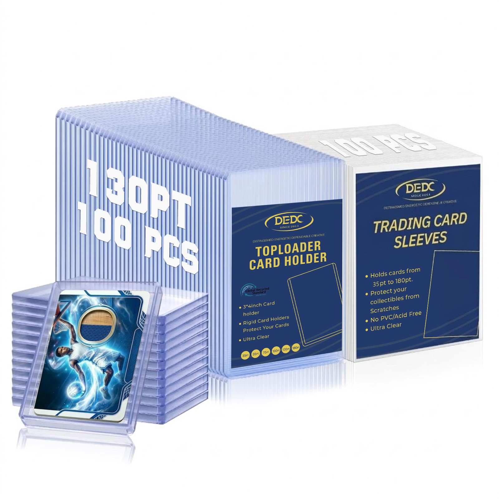 DEDC 100 Top Loaders Thick Card Load Holder Storage for Trading Cards Sports Sleeves 3" x 4" Hard Plastic 130 Pt Protective Toploaders Rigid Memorabilia Collectibles