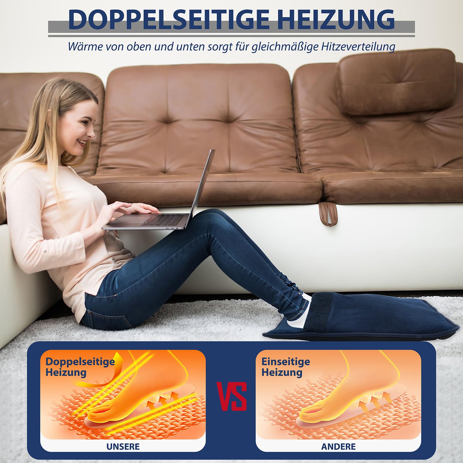 48 x 48 cm Fußwärmer elektrisch Doppelheizung Fußheizung mit 6 Heizstufen & 3 Timer, schnellheizend, waschbar, automatische Abschaltung, Fusswärmer mit Strom für Bett, Büro, Zuhause (Blau)