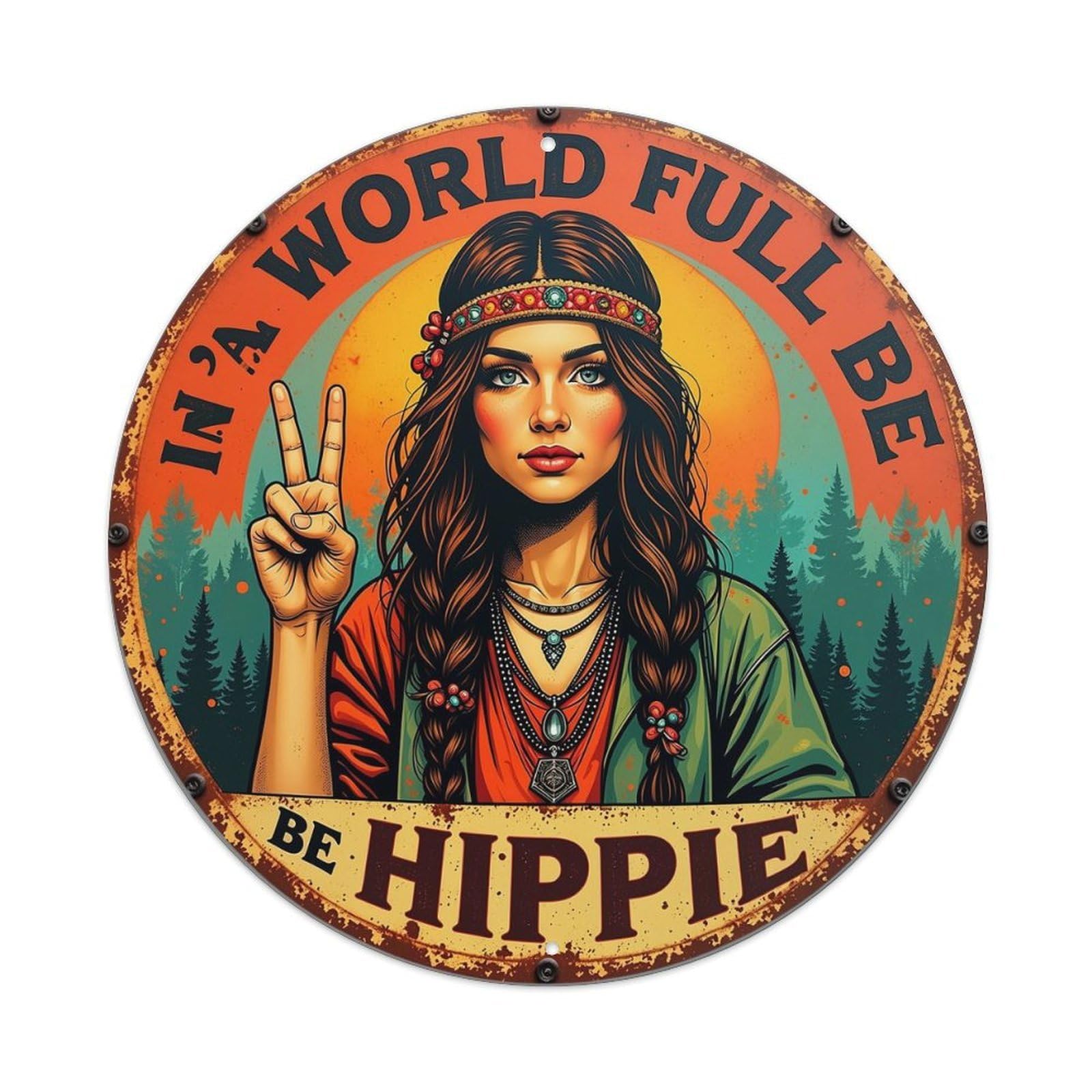 Peaceful Forest Woman Sign Art Vintage Round Tin Sign Retro Metal Wall Decor Metal Poster, Home Bar Garage Cafe Wall Art Decoration 8x8Inches