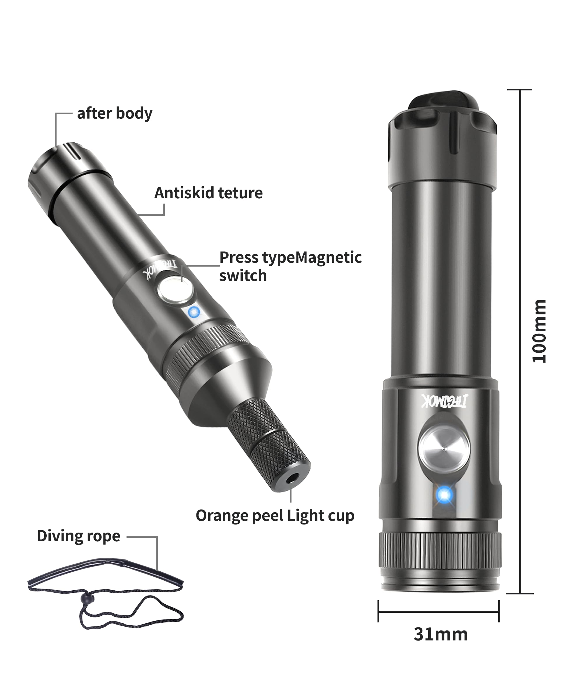 Torcia professionale da 2000 lumen per fotografia subacquea, 3 angoli di fascio regolabili (3°/24°/72°), impermeabile IP68, luce di riempimento foto macro, faretto per immersioni notturne