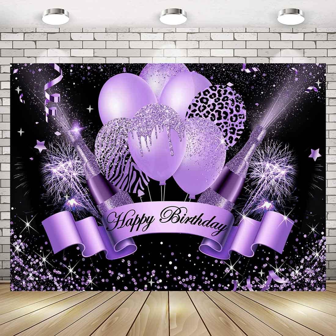 Purple Glitter Birthday Backdrop - 7x5 Ft Balloon Theme Photo Background For Parties