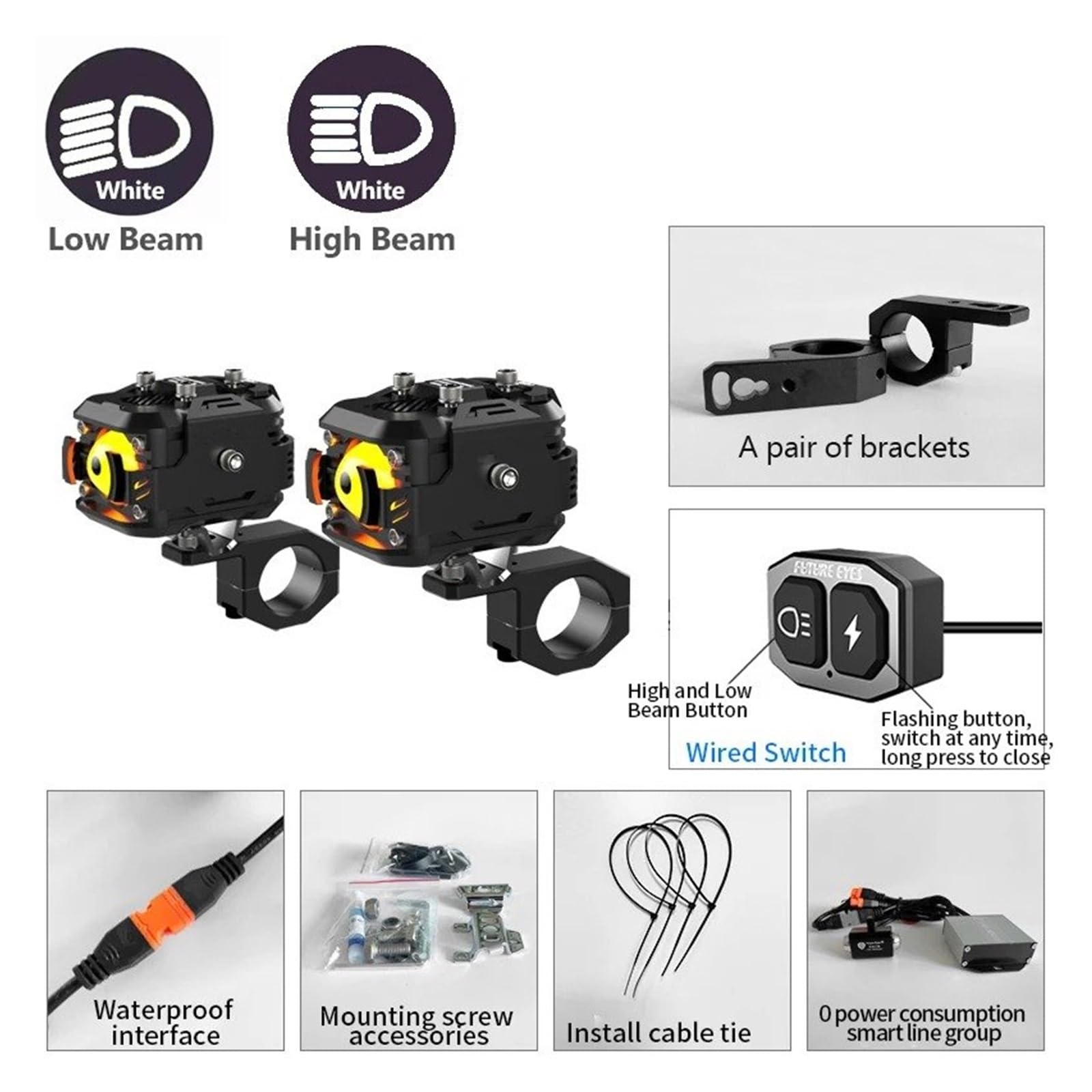 AVFORA Moto Faro Luces Antiniebla LED Para Motocicleta Vehículo Eléctrico Auxiliar Para Conducción En Carretera Luz Baja Amarilla Foco Superbrillante Faro Motocicleta(Black LowBeam-White)
