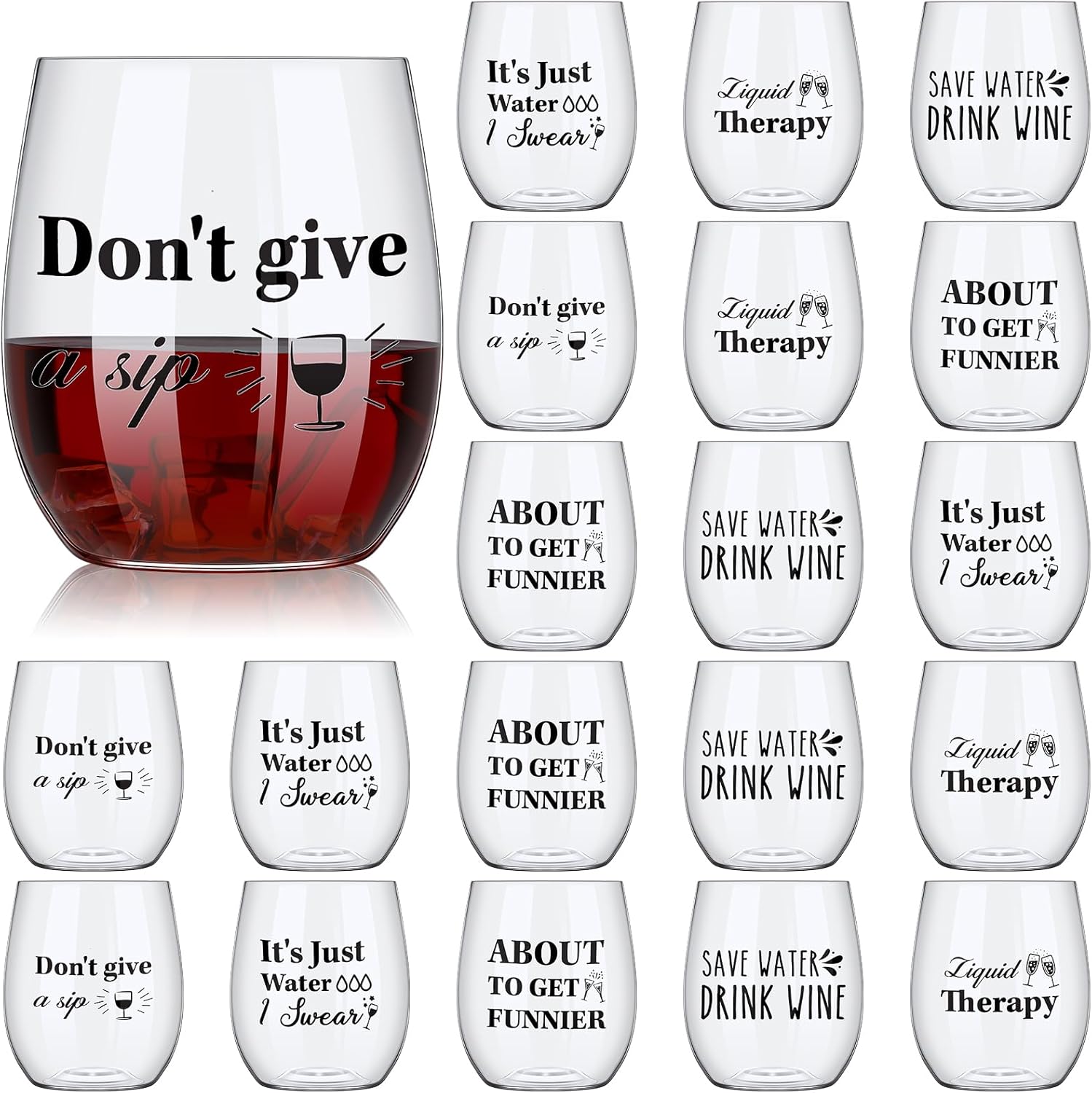 Zhehao 20 Pcs Funny Stemless Wine Glasses 12oz Disposable Party Funny Cups Clear Acrylic Shatterproof Wine Cups Printed Glasses for Indoor Outdoor Party Beach Wedding Whiskey Cocktail