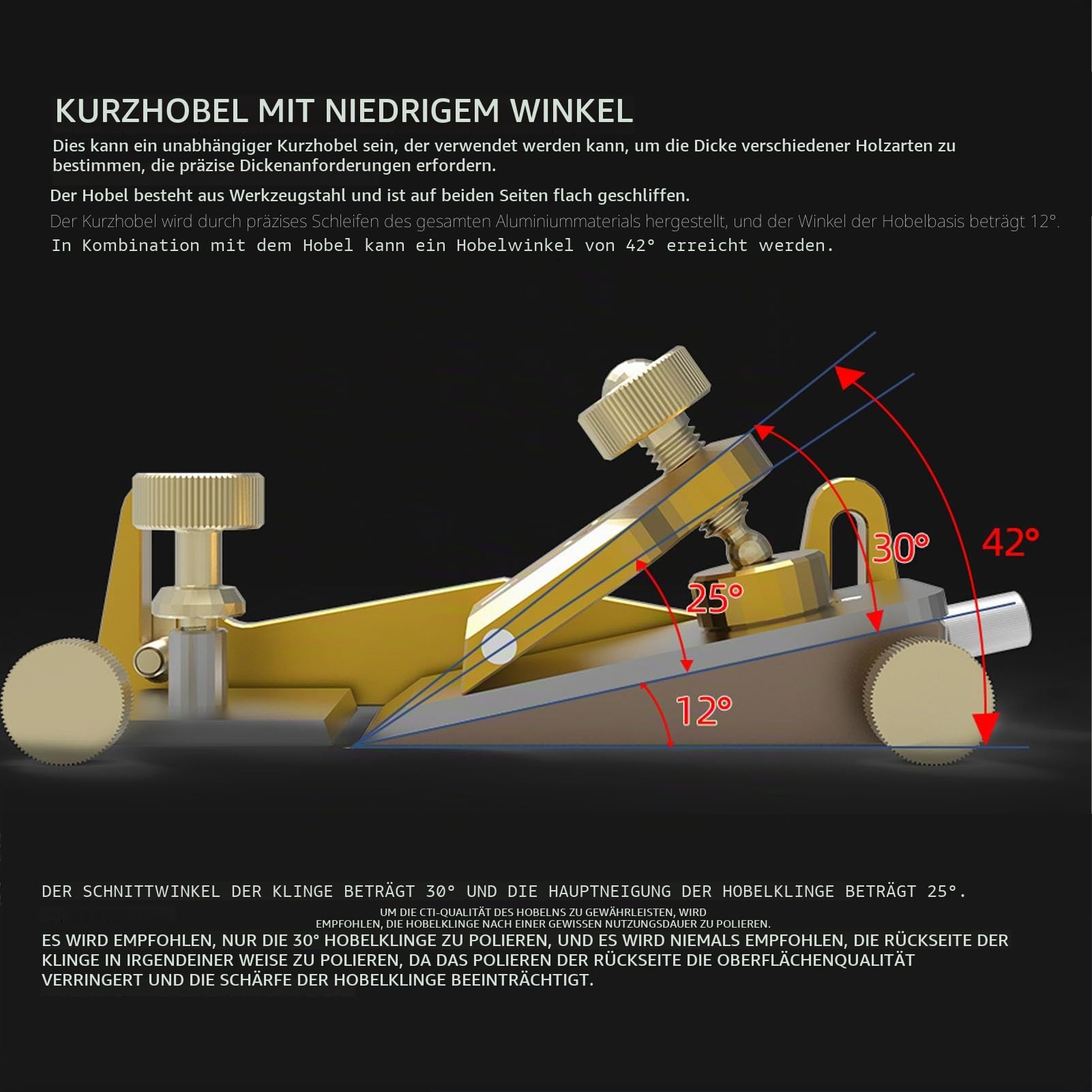 Holzbearbeitungs-Handhobel, Verstellbarer Winkel, Kurzer Hobel für Präzise Dicke, Werkzeugstahl aus Aluminiumlegierung für Feines Hobeln, mit Aufbewahrungstasche