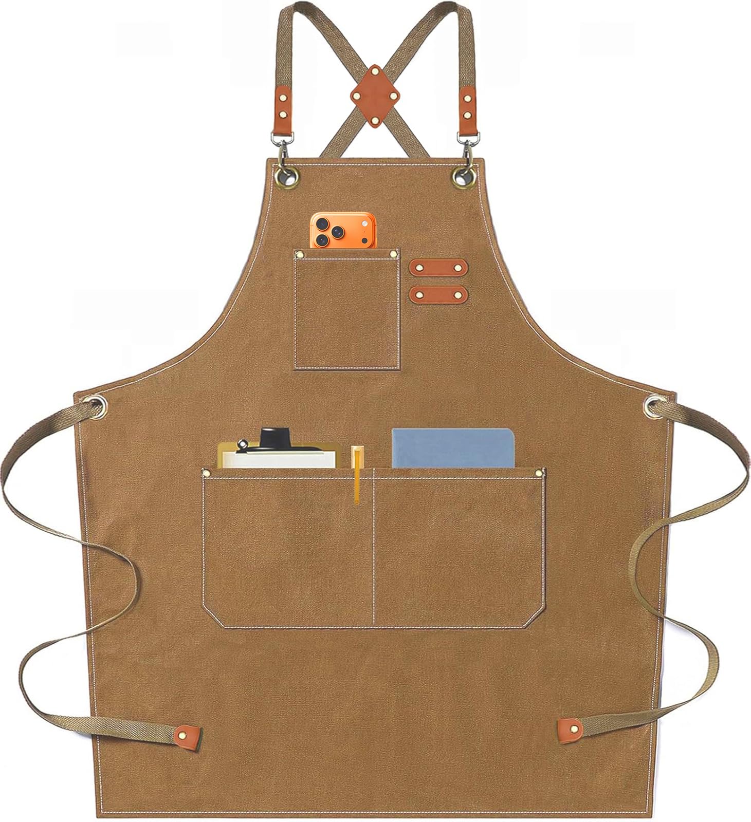AFUN Chef Apron, Cotton Canvas Cross Back Apron with Adjustable Straps and Large Pockets,M to XXL (Brown)