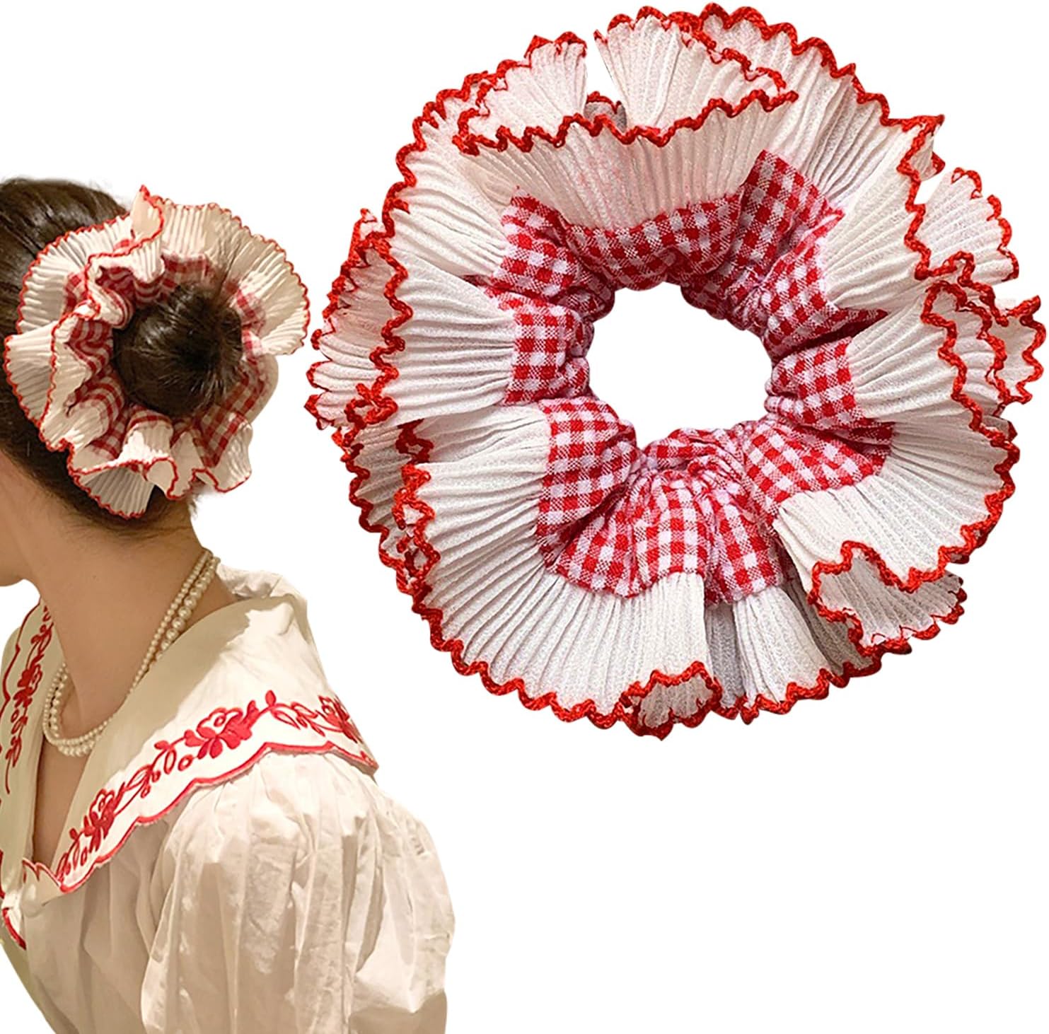 1 PCS Oversized Frilly Red White Gingham Scrunchie, Lace Elastic Hair Tie Rope, Ponytail Holder Accessory for Ladies Girls With Thick Hair