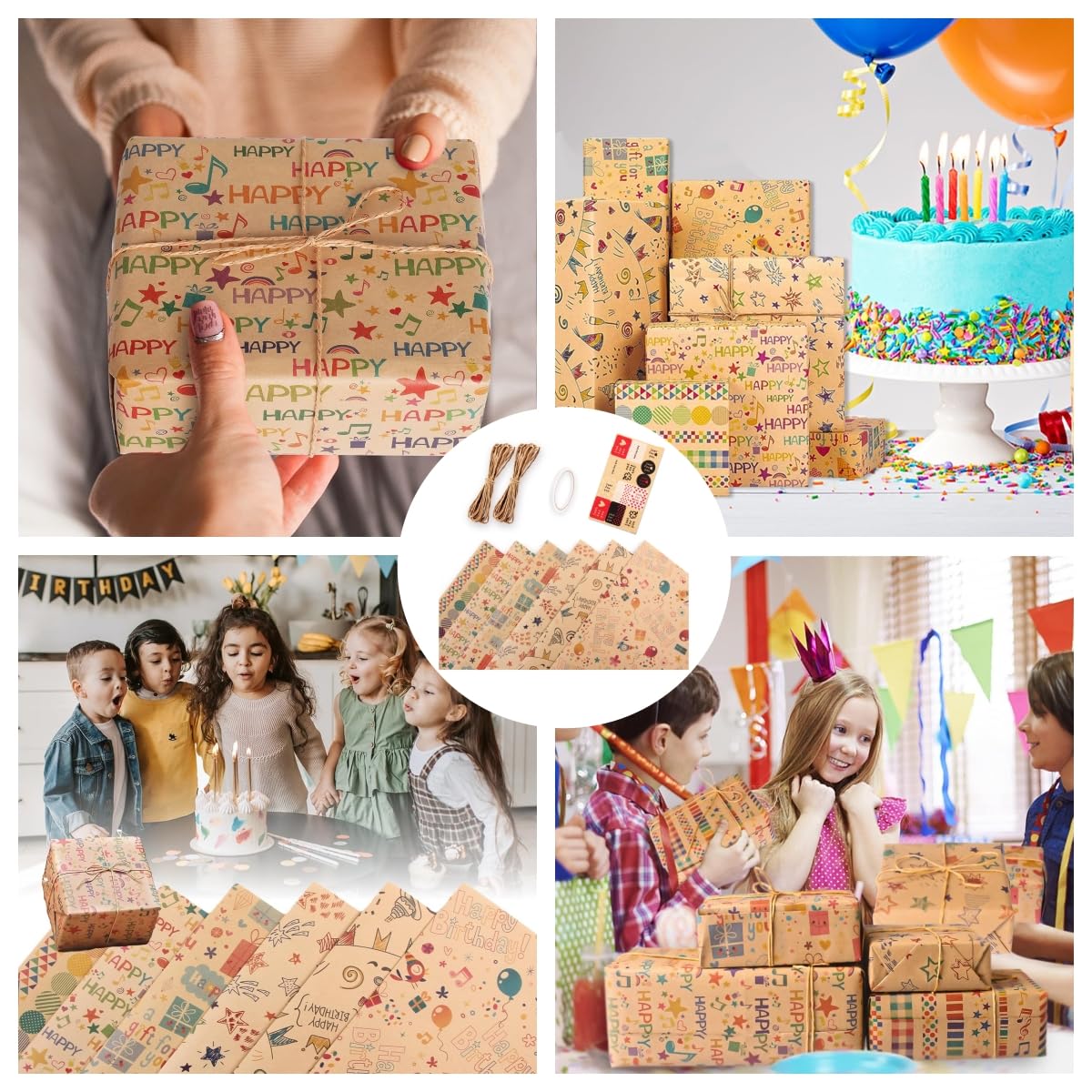 Fenglin-joy Papel de Regalo, 6 piezas 70X50cm Papel Regalo Cumpleaños con Hilo de Yute, Cinta Adhesiva de Doble Cara y Pegatinas para Bodas, Fiestas, Navidads