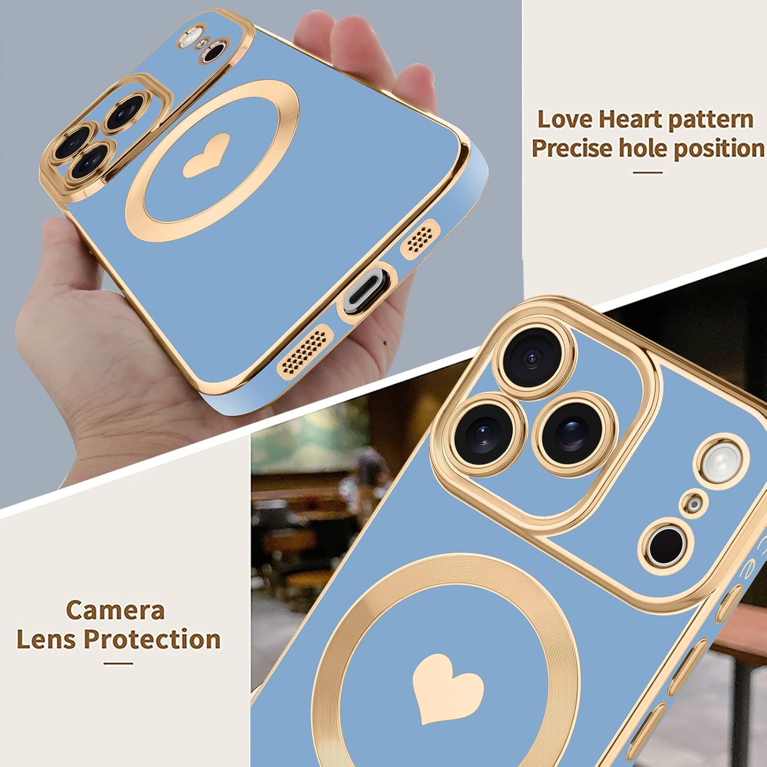 tharlet Magnetic for iPhone 17 Pro Case [Compatible with Magsafe] Cute Love Heart Luxury Plating Gold Edge Bumper with Full Camera Lens with Privacy Screen Protector, Blue (6.3") - Image 5