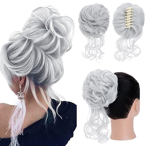 S-noilite Extensiones de moño con clip de garra, moño desordenado y desordenado, extensiones de cola de caballo con clip para mujer (gris plateado)