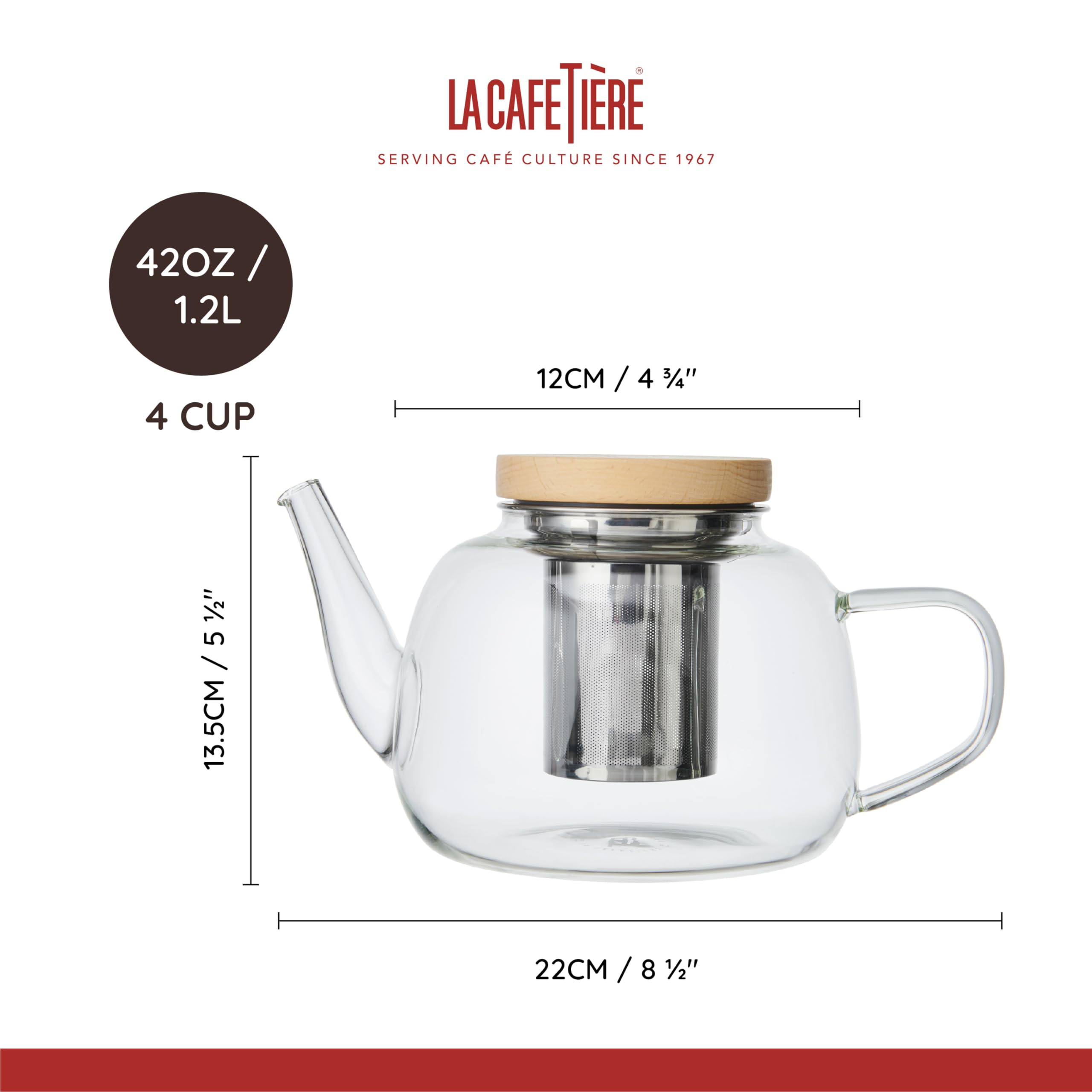La Cafetière Rialto, Teiera da 4 tazze in vetro borosilicato con filtro in acciaio inox rimovibile, coperchio in legno e beccuccio antigoccia, resistente al calore e agli shock termici, 1,2 l