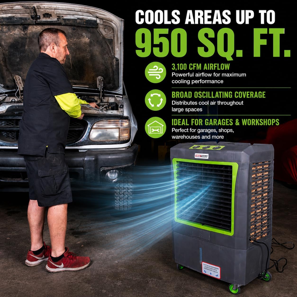 OEMTOOLS Swamp Cooler 3100 CFM, Rolling Evaporative Cooler, EDC Multitool Included