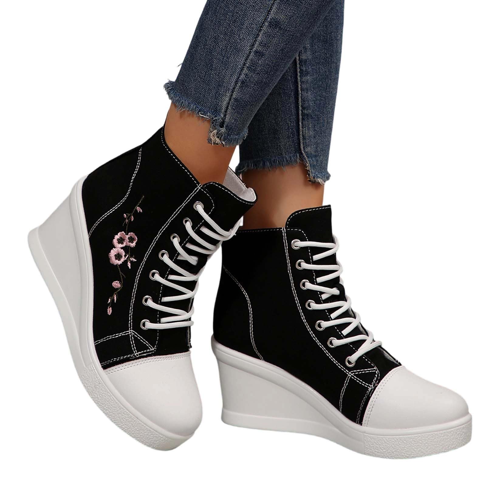 Scarpe da ginnastica in tela da donna e uomo, con lacci, stile vintage, con tacco spesso 8 cm, ricamo floreale, con zeppa