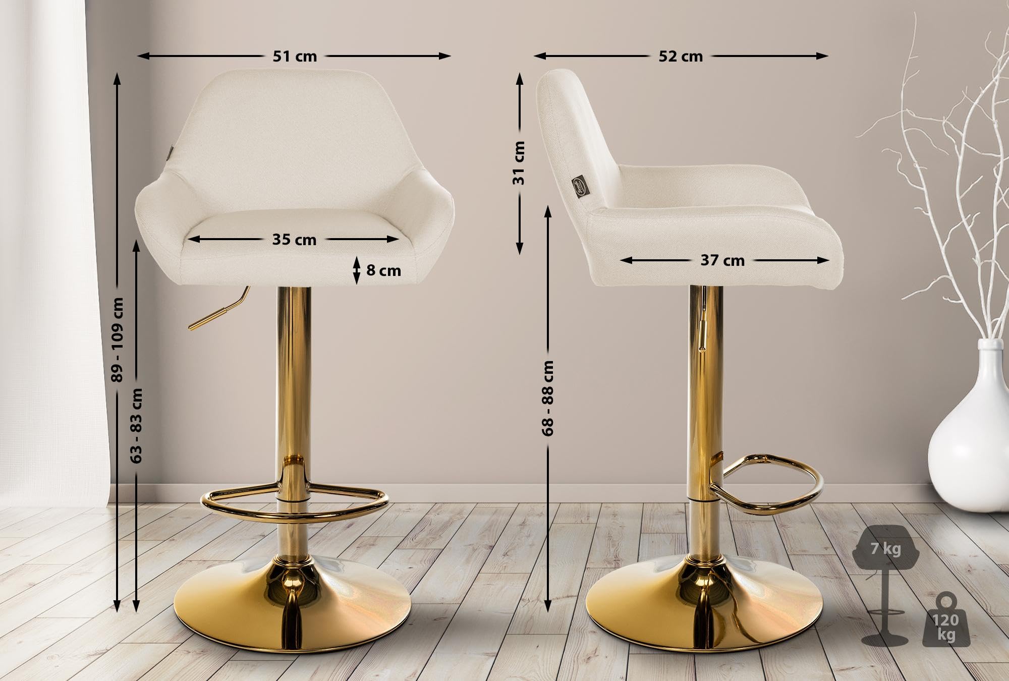 CLP Juego de 2 taburetes de Bar Braga tapizado en Tela con Estructura Dorada I Regulable en Altura y Giratorio 360° I Taburete de Bar Moderno Color:Crema
