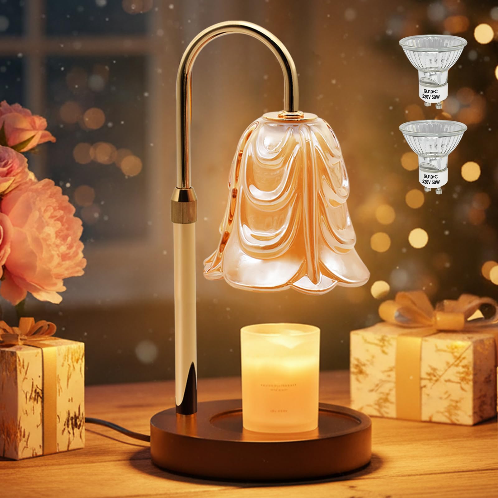 Lámpara Calentador de Velas con Temporizador y atenuador, Lampara Vela Eléctrica con 2 Bombillas, Altura Ajustable Lámpara Perfumada Calentador, Lampara Fusión Cera para Decoración Hogar