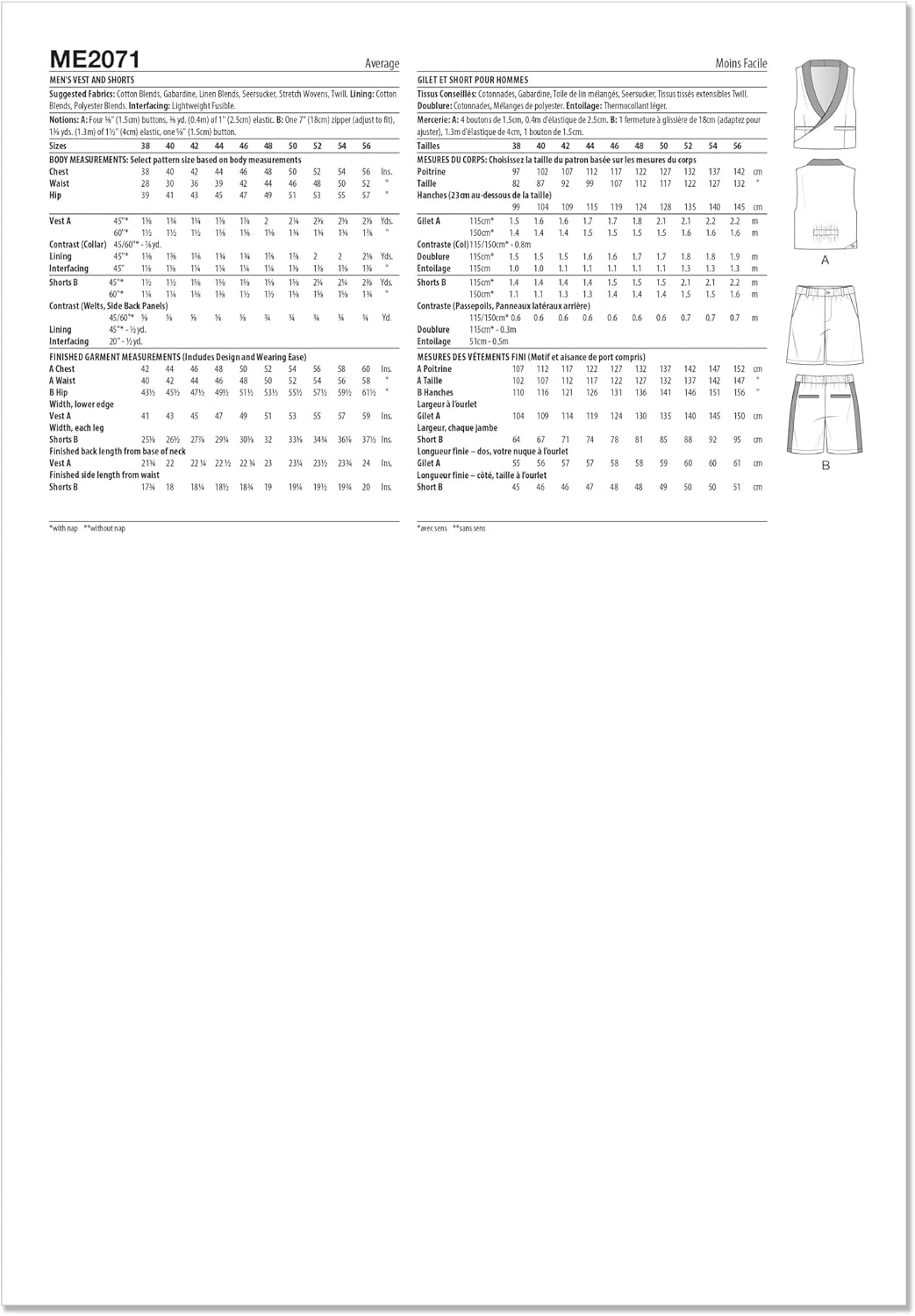 Know Me Men's Front Wrap Vest and Shorts Sewing Pattern Packet by Sins of Many, Design Code ME2071, Sizes 38-40-42-44-46, Multicolor