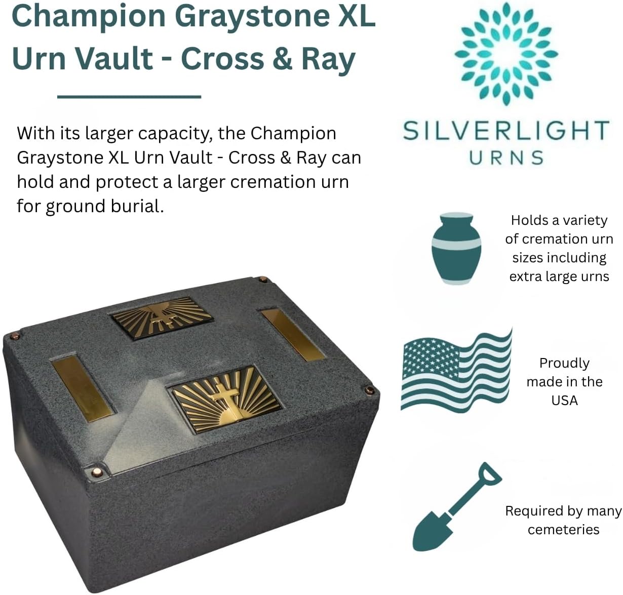 Champion XL Graystone Urn Vault - Cross & Ray, Extra Large Urn Vault for Ground Burial, Holds Variety of Cremation Urn Sizes for Human Ashes, Durable and Secure for Cemetery Burial