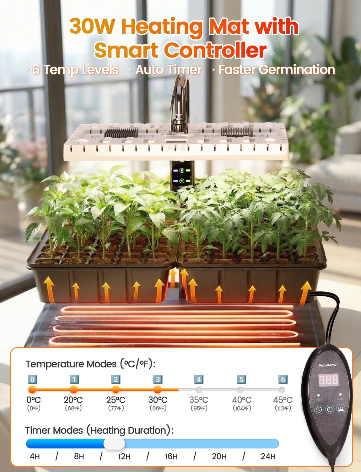 MetryGrow Bandeja de inicio de semillas de 80 celdas con luz de crecimiento de espectro completo de 48 W y alfombrilla de calefacción de 30 W, cúpula ajustable y soporte de luz, base impermeable, kit