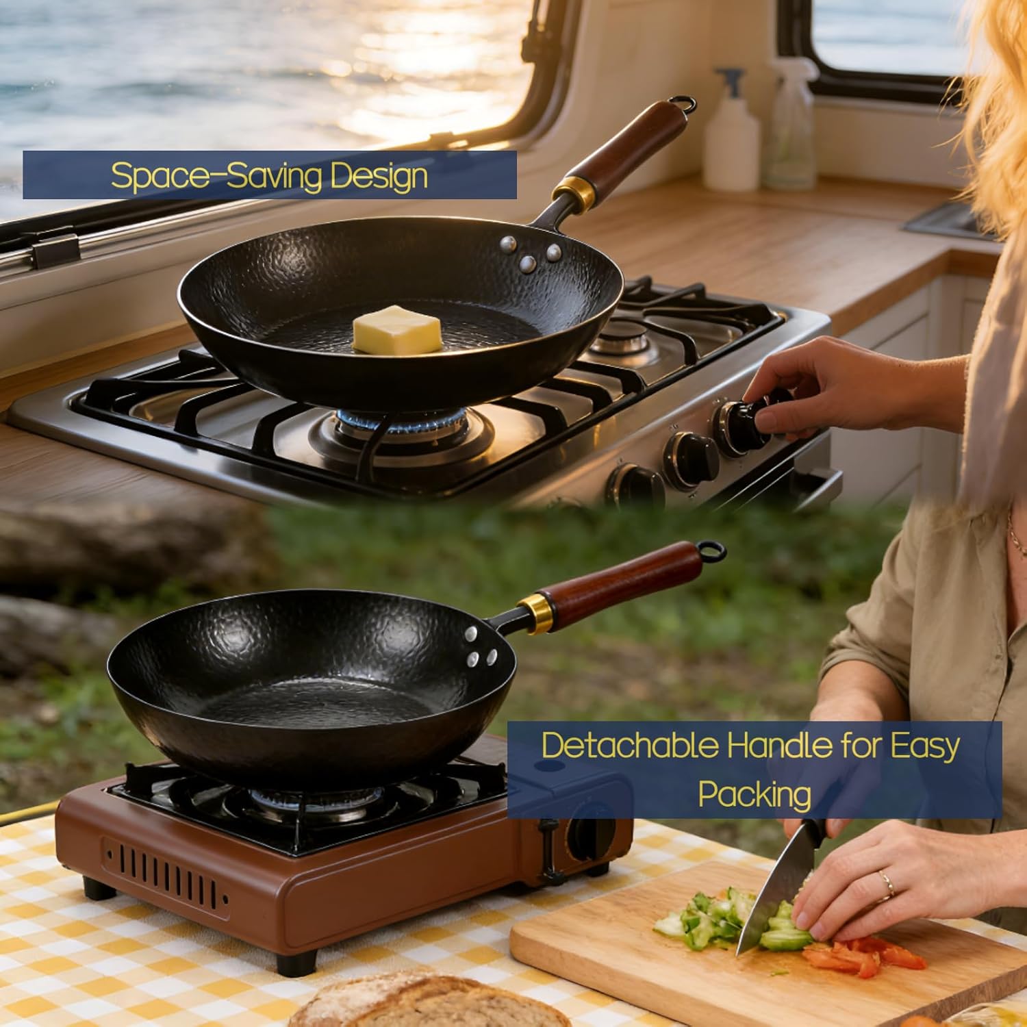 Calmabode 11" Carbon Steel Skillet, 3.5QT Coating-Free Wok Pan – Locks in Moisture for Juicy Steaks & Breakfast Eggs – Space-Saving Design for Small Kitchens & Travel