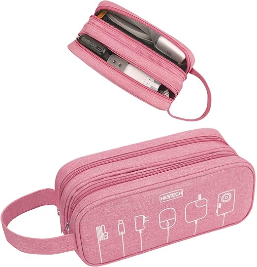 HESTECH Electronics Organizer Travel Charger Case Cord Cable Organizer Bag Portable Waterproof Double Layers All-in-one Storage for Charger Mouse Earbud USB Drive (Salmon, Medium)