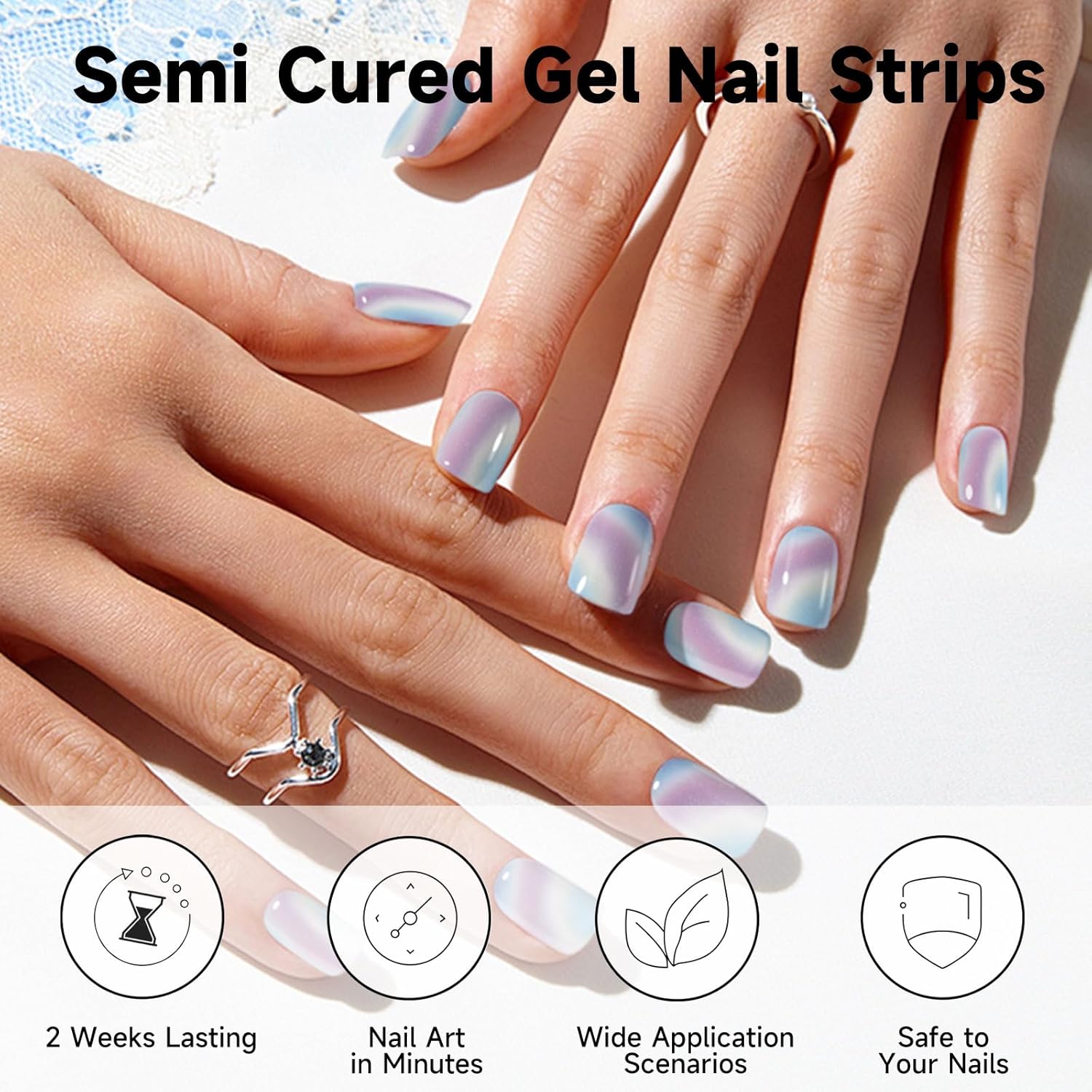 semi cured gel nail strips (multicolor), 28pcs gel nail stickers, work with any uv lamps, long-lasting nailwraps for women gifts, easy to apply & remove, includes prep pads & wooden stick new-ds005a