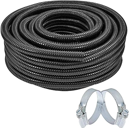 Image SPARES2GO Pond Hose Flexible Marine Filter Pipe Corrugated + 2 Clamp Clips (51mm Diameter, 15M)