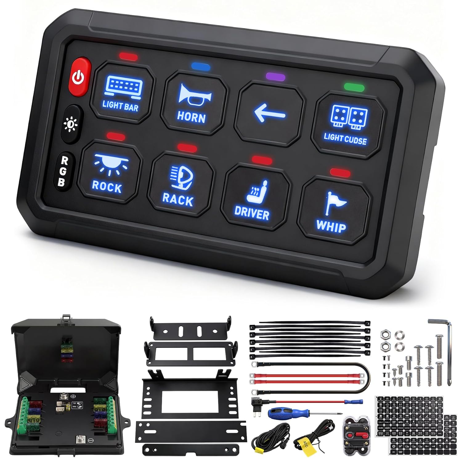 RGB 8 Gang 12V Switch Panel, Universal Circuit Control Relay System Box with LED Switch Pod Touch Switch Box, Toggle Momentary Strobe Flash Modes, for Cars Trucks Boats ATV UTV SUV