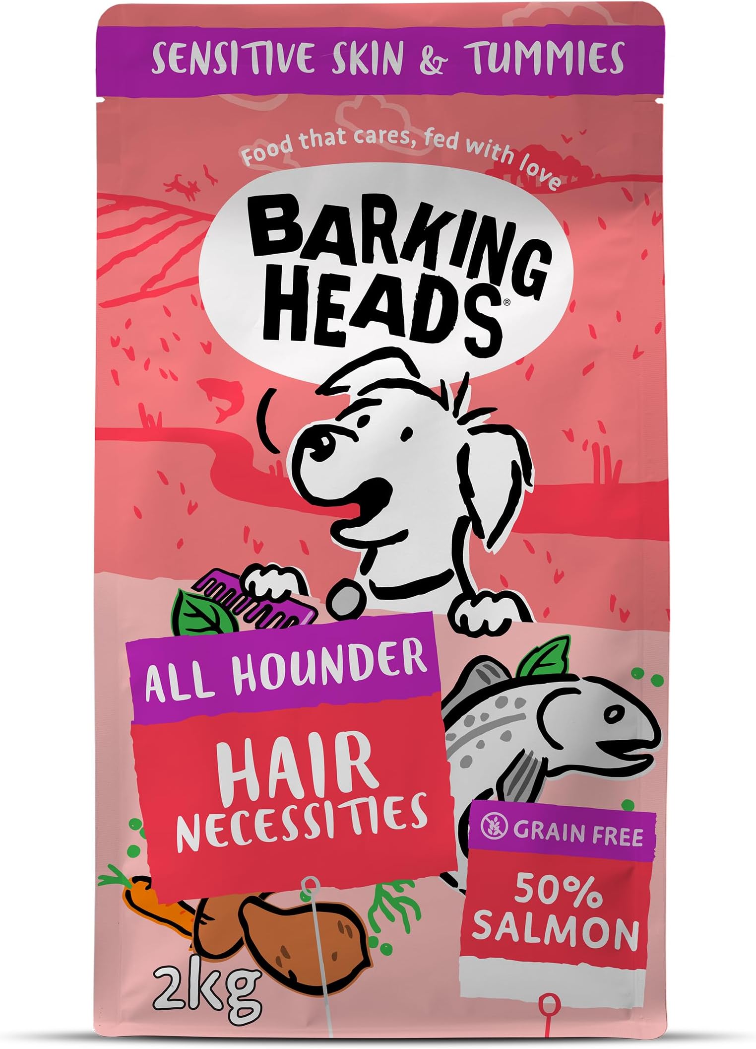 Complete Dry Dog Food 2kg - Adult All Hounder Hair Necessities Salmon - Natural Grain Free Hypoallergenic for Skin & Coat - Vet Approved