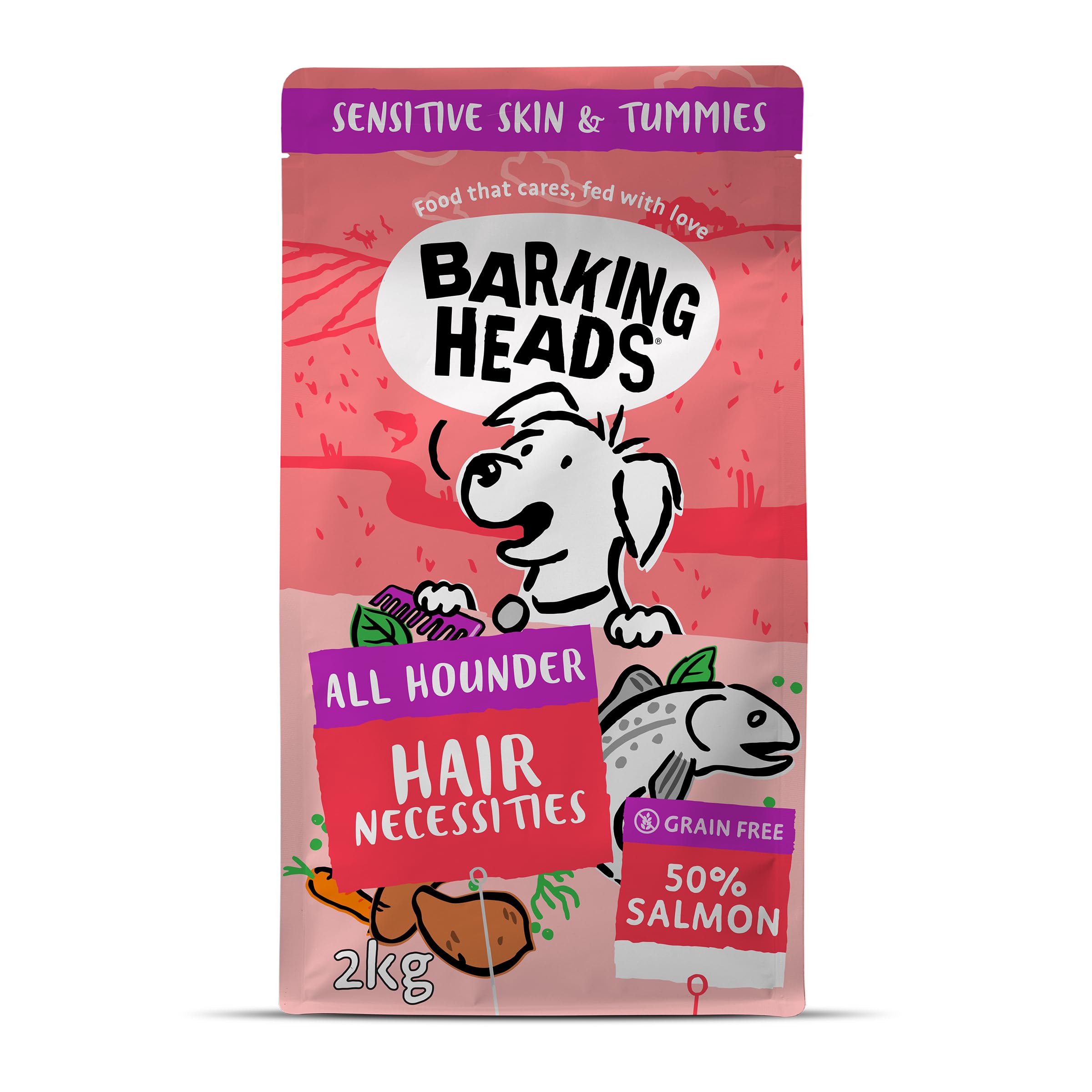 Barking Heads Complete Dry Dog Food 2kg - Adult All Hounder Hair Necessities Salmon - Natural Grain Free Hypoallergenic for Skin & Coat - Vet Approved