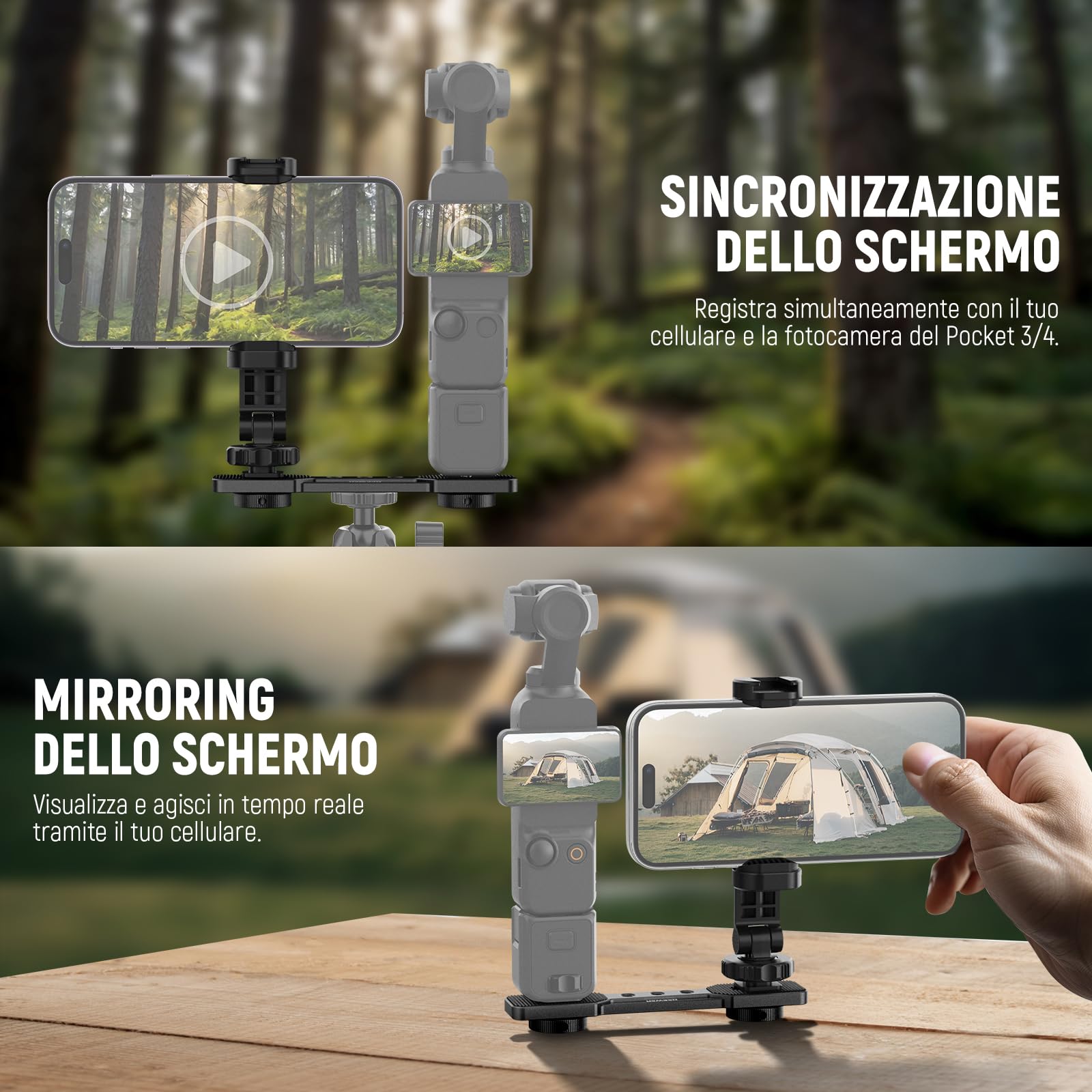 NEEWER Supporto Telefono Compatibile con DJI Osmo Pocket 4 & Pocket 3, Accessori Espansione Portatelefono con Filetto 1/4" per Treppiede e Asta di Prolunga, Cold Shoe per Mini Luce Video Mic, AC021
