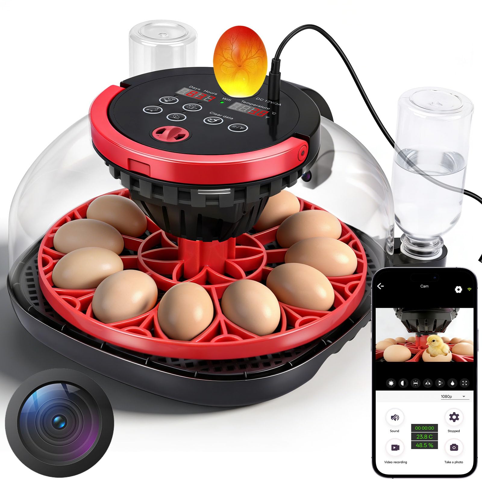 Incubadora automática de 12 huevos con cámara HD 1080, incubadora de pollos con mando a distancia mediante aplicación inteligente, espátula automática y control de temperatura, control de temperatura