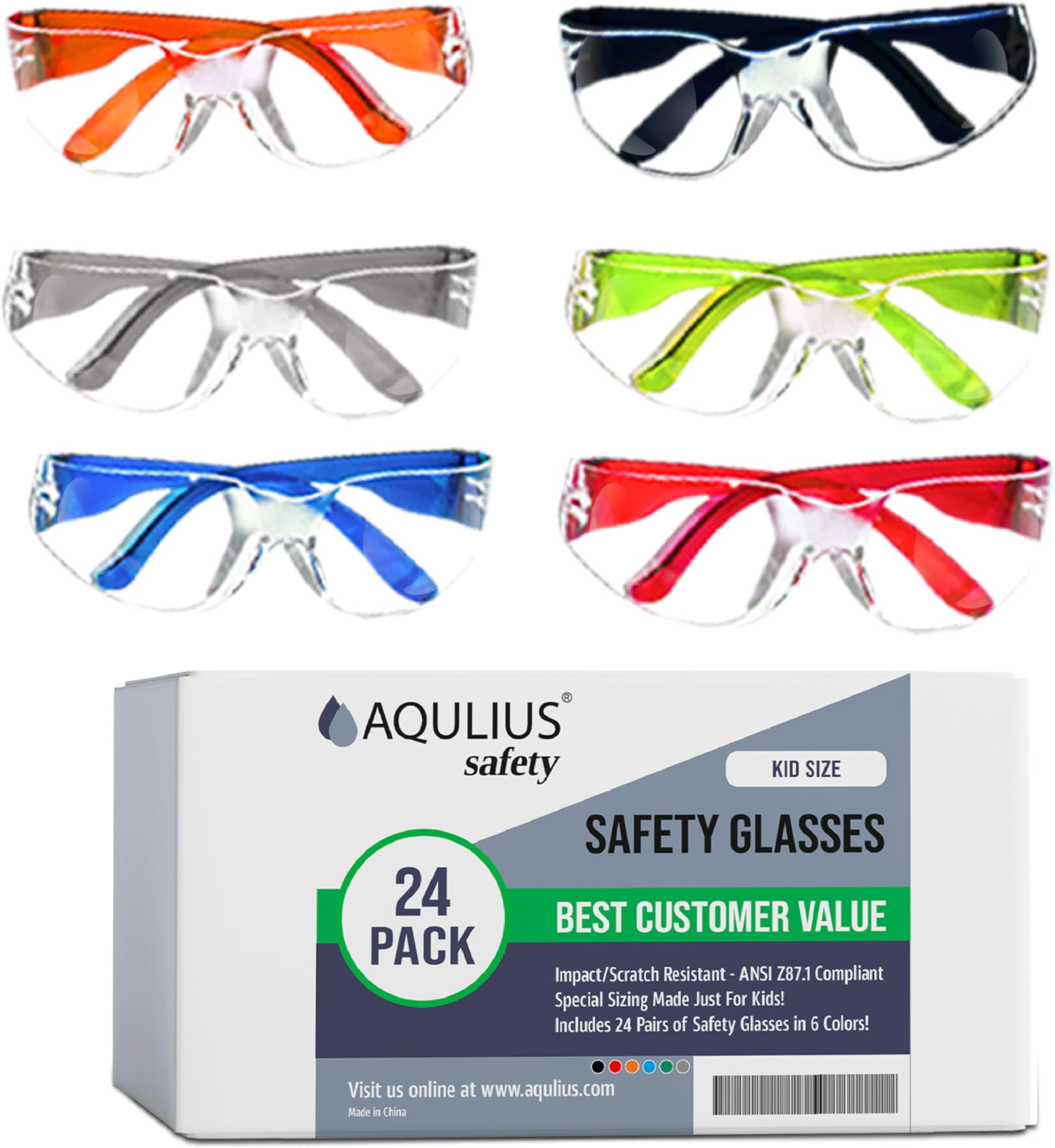 Aqulius 24 Pack of Kids Safety Glasses (24 Protective Goggles in 6 Different Colors) Crystal Clear Eye Protection - Specially Designed to Fit Children, Perfect for Nerf Parties