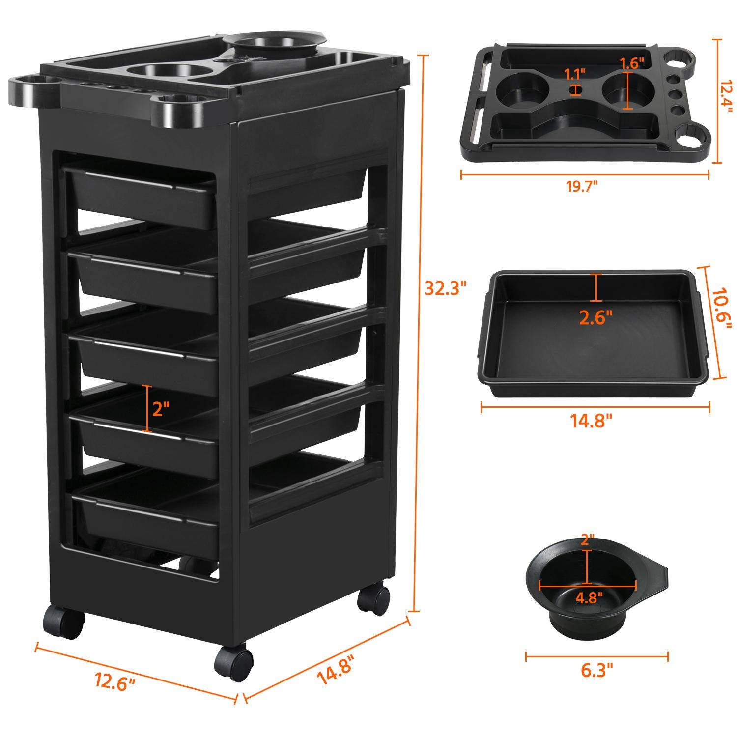 Yaheetech Salon SPA Beauty Hairdressing Rolling Trolley Cart with 5 Drawers Hair Dryer Service