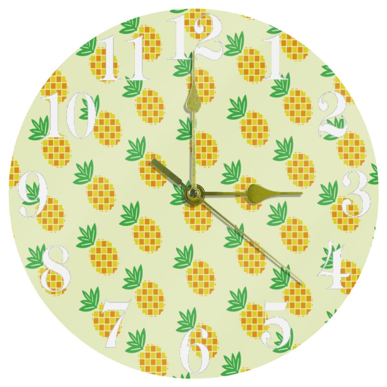 Horloge murale ronde ananas jaune pour décoration de cuisine et de bureau calme