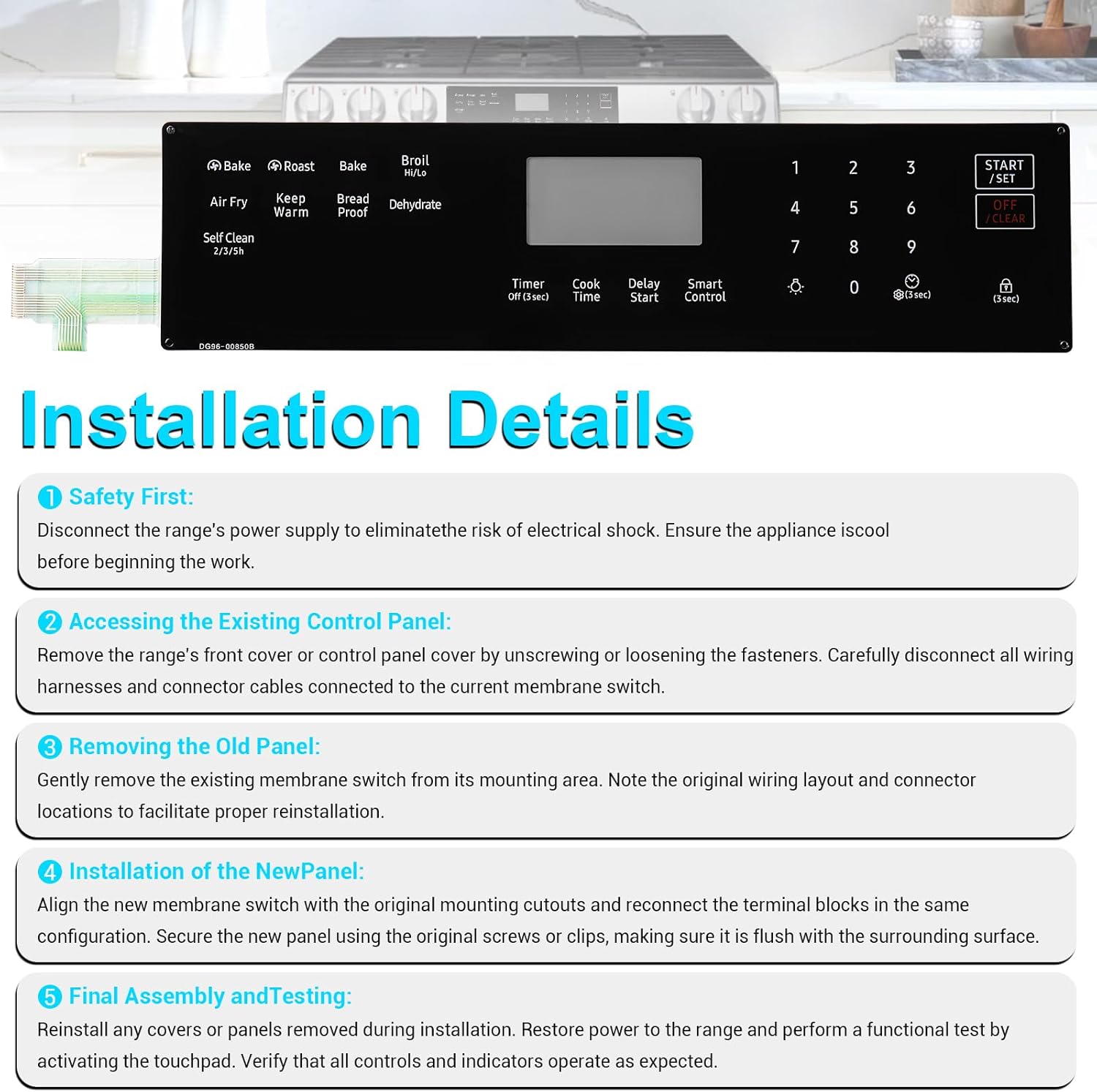 DG96-00850B Range Touch Control Panel, Range Membrane Switch Touchpad Compatible with Samsung NX60A6511SS, NX60A6511SG, NX60A6511SB Gas Ovens, Replaces AP7032881, PS16634290, EAP16634290