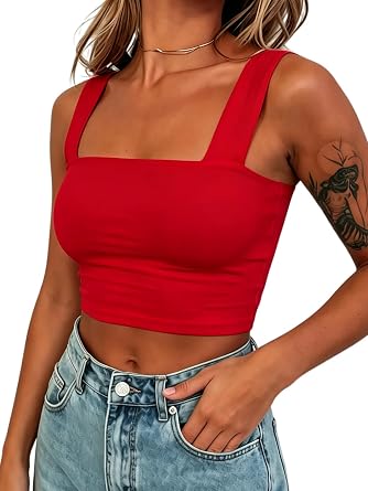 Womens Square Neck Crop Tank Tops Sleeveless Slim Fit Double Layered Camisole Basic Going Out Shirts