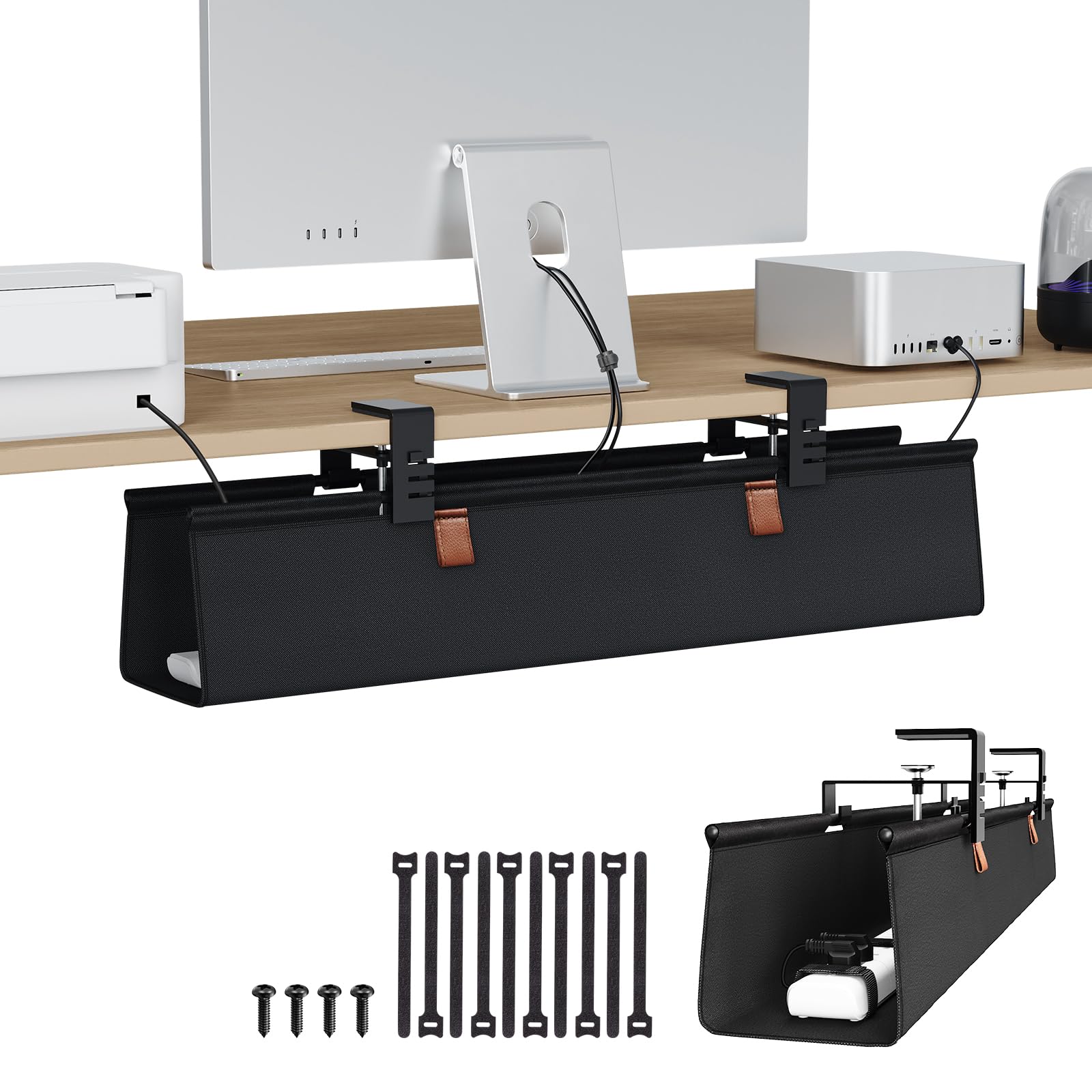 KEEGH Kabelkanal Schreibtisch Ohne Bohren, 76cm Unter dem Kabelmanagement Schreibtisch - Klemmen/Schraubmontage, Stoff-Kabelkanal für Gaming-PCs und Kabelverstecker für Büro & Zuhause, Schwarz