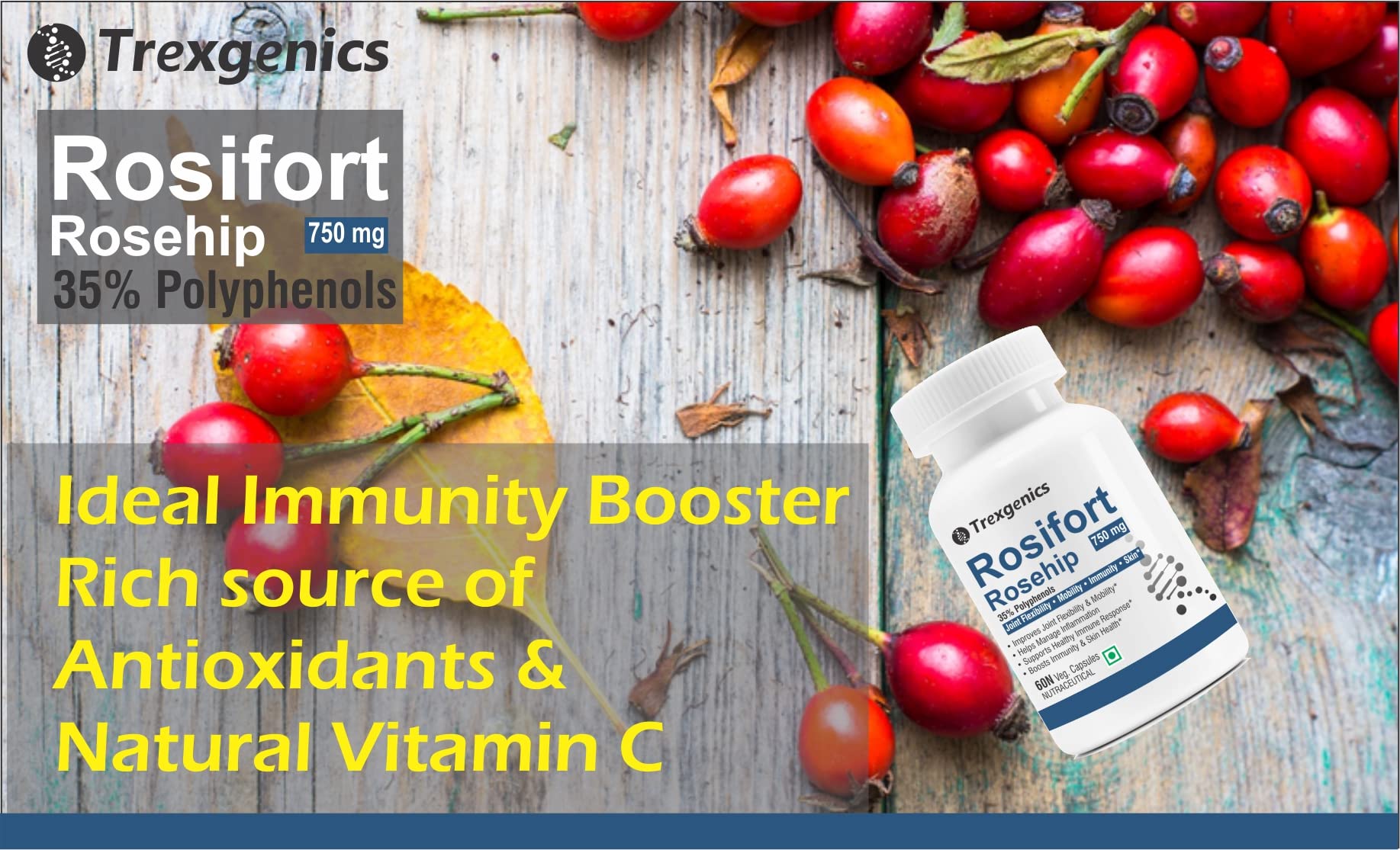 Trexgenics ROSIFORTE Rosehip 35% Polyphenols 750 mg Immunity, Skin, Joint Pain Support VEGAN & NON-GMO (60 Veg. Capsules) (Pack of 1) 3