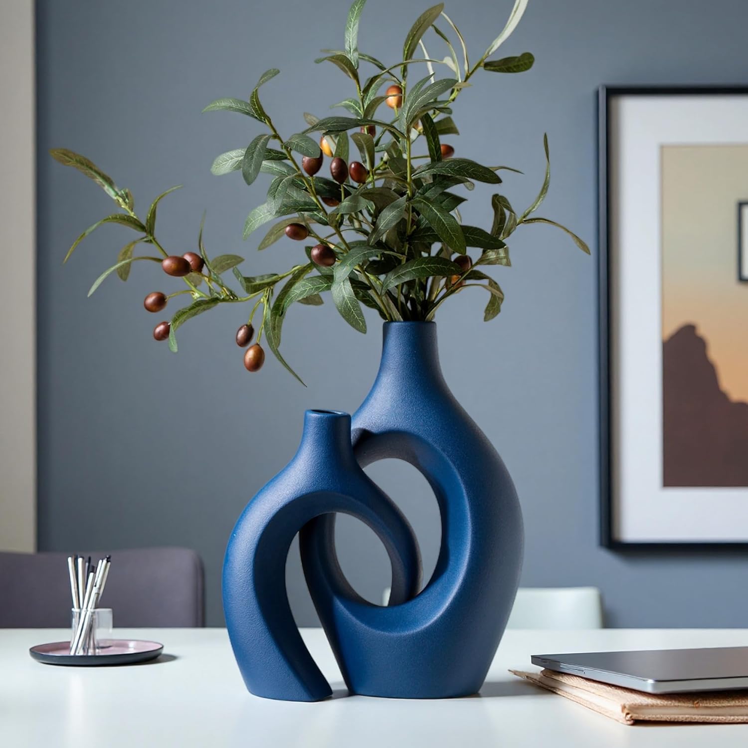 Snuggle Hollow Ceramic Vase Set of 2, 11 inch Hug Donut Modern Nordic Boho Style Vases for Home Decor Anthropologie Aesthetic Living Room Shelf Entryway Table Decorative (Navy Blue) - Image 4