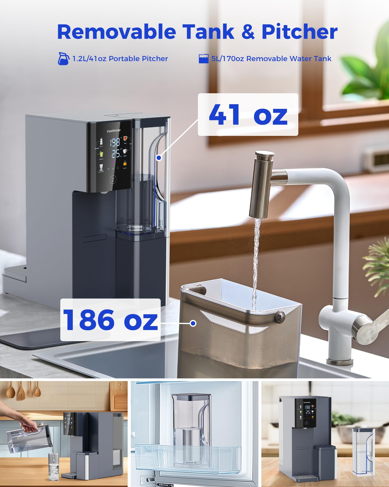 CT910H Filtr wody z odwróconą osmozą na blat, system filtracji wody RO 3S z natychmiastowym podgrzewaniem, 7-stopniowy oczyszczacz wody z przenośnym dzbankiem, NSF/ANSI 372,42,58, redukuje