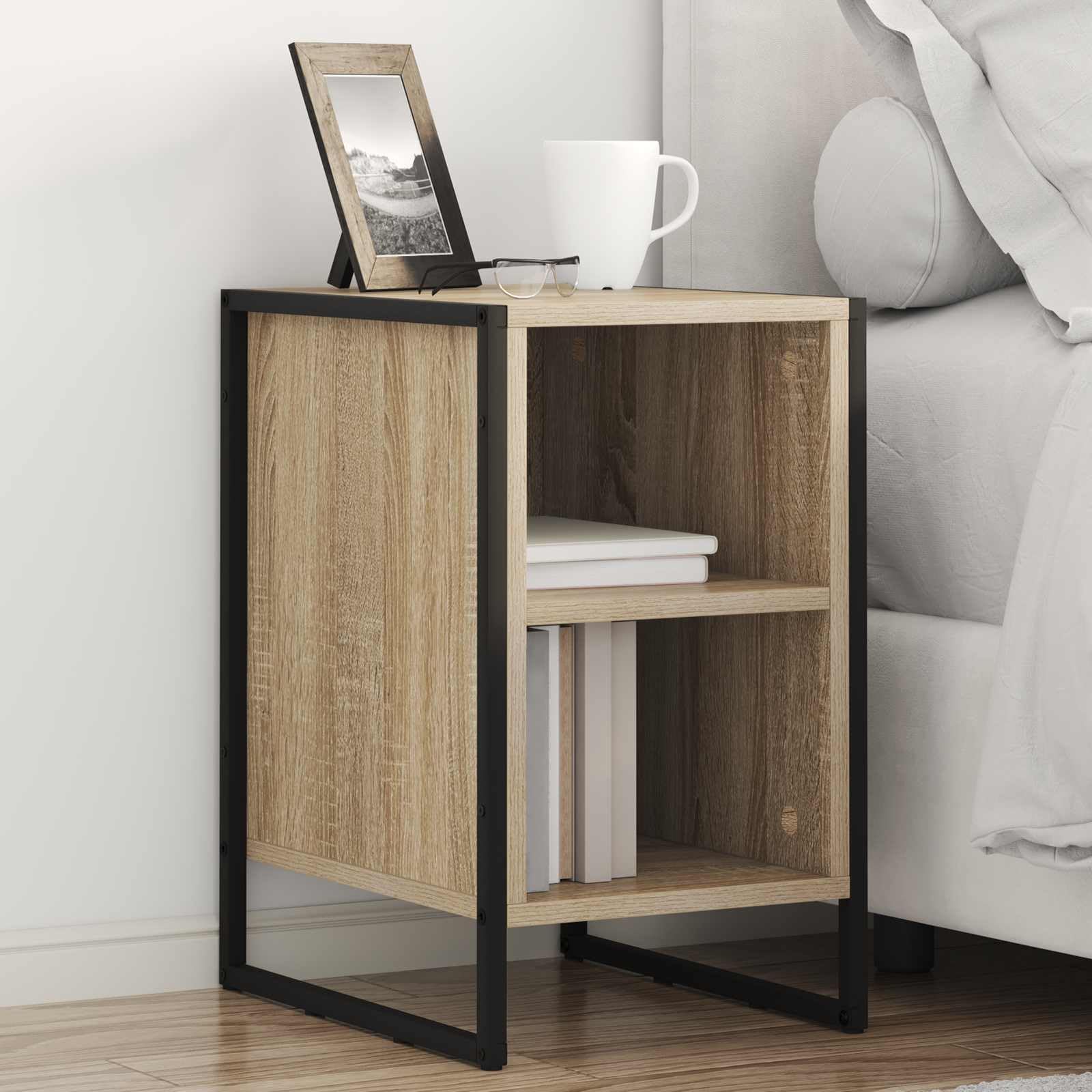 Zestaw stolików nocnych z materiału drewnopochodnego w kolorze Sonoma, 2 sztuki, 39,5 x 30 x 50 cm, ze stalowymi nogami, wolnostojący, wąski, do sypialni, salonu, korytarza, pokoju