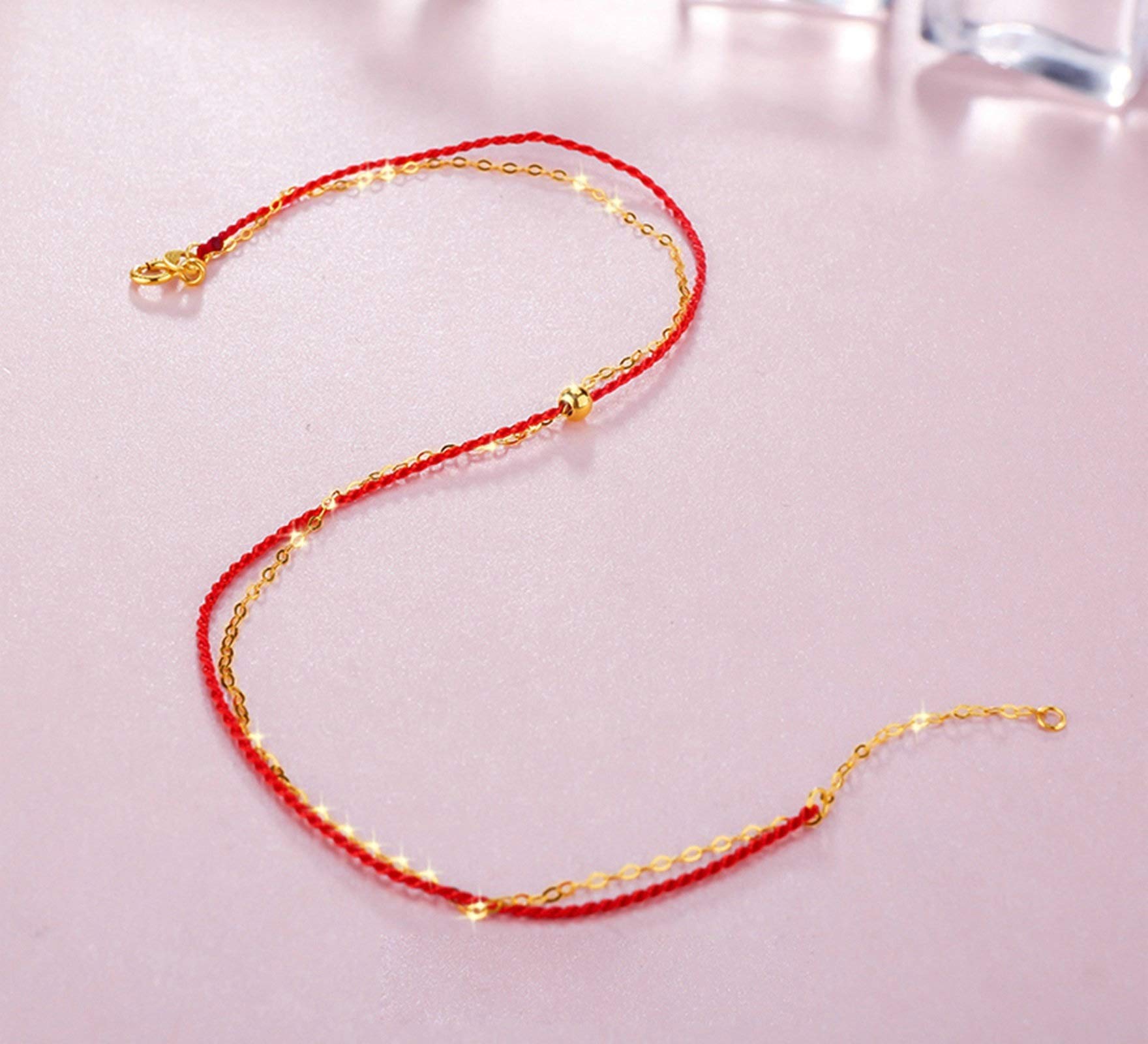 Cavigliera da donna in oro giallo 18 carati con corda rossa e braccialetto con perline, catena da 9,5 pollici