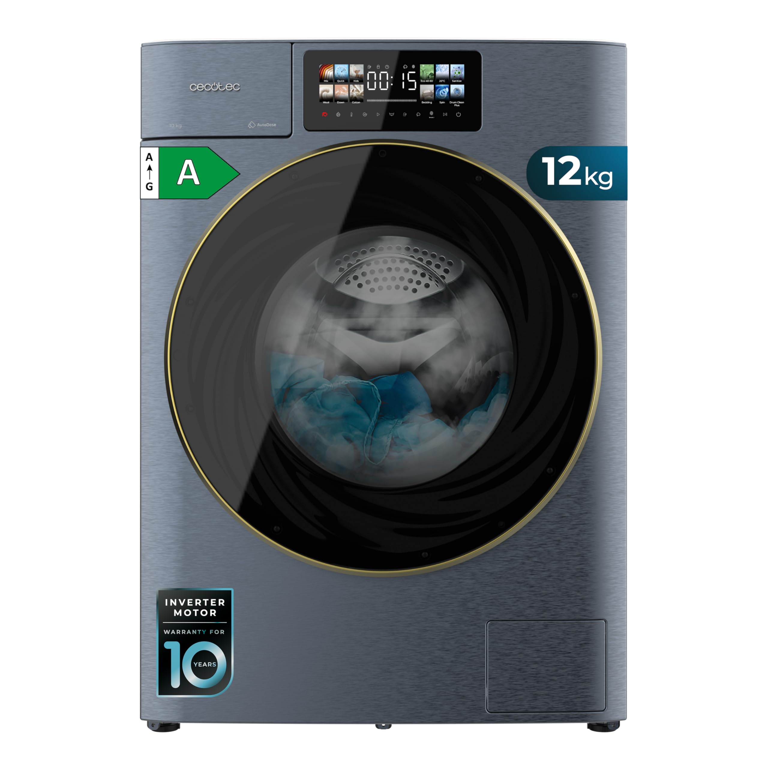 Cecotec Lavadora Carga Frontal 12Kg Bolero DressCode 12950 Autodose Direct Drive 3D Titanium. 1400RPM, 13 Programas, Motor Direct Drive, Diseño Core Matrix Screen 9,2" y Core Body, Func Inteligentes