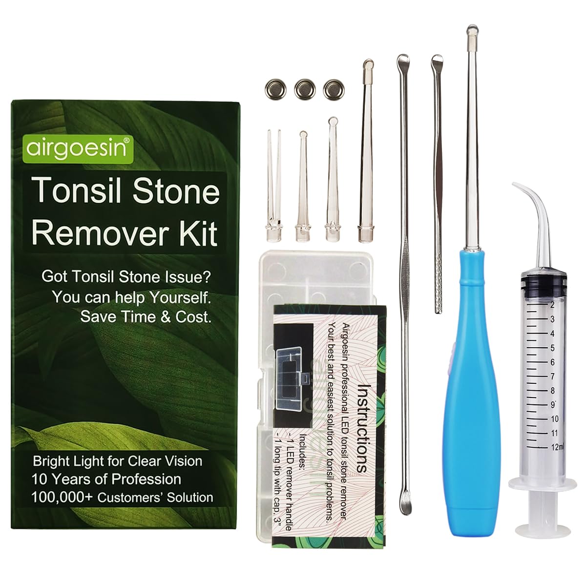 Airgoesin™ Upgraded Tonsil Stone Remover Tool or Earwax Removal, Blue, 4 Tips, Tonsillolith Pick Case + 1 Irrigator Fresh Breath Oral Rinse